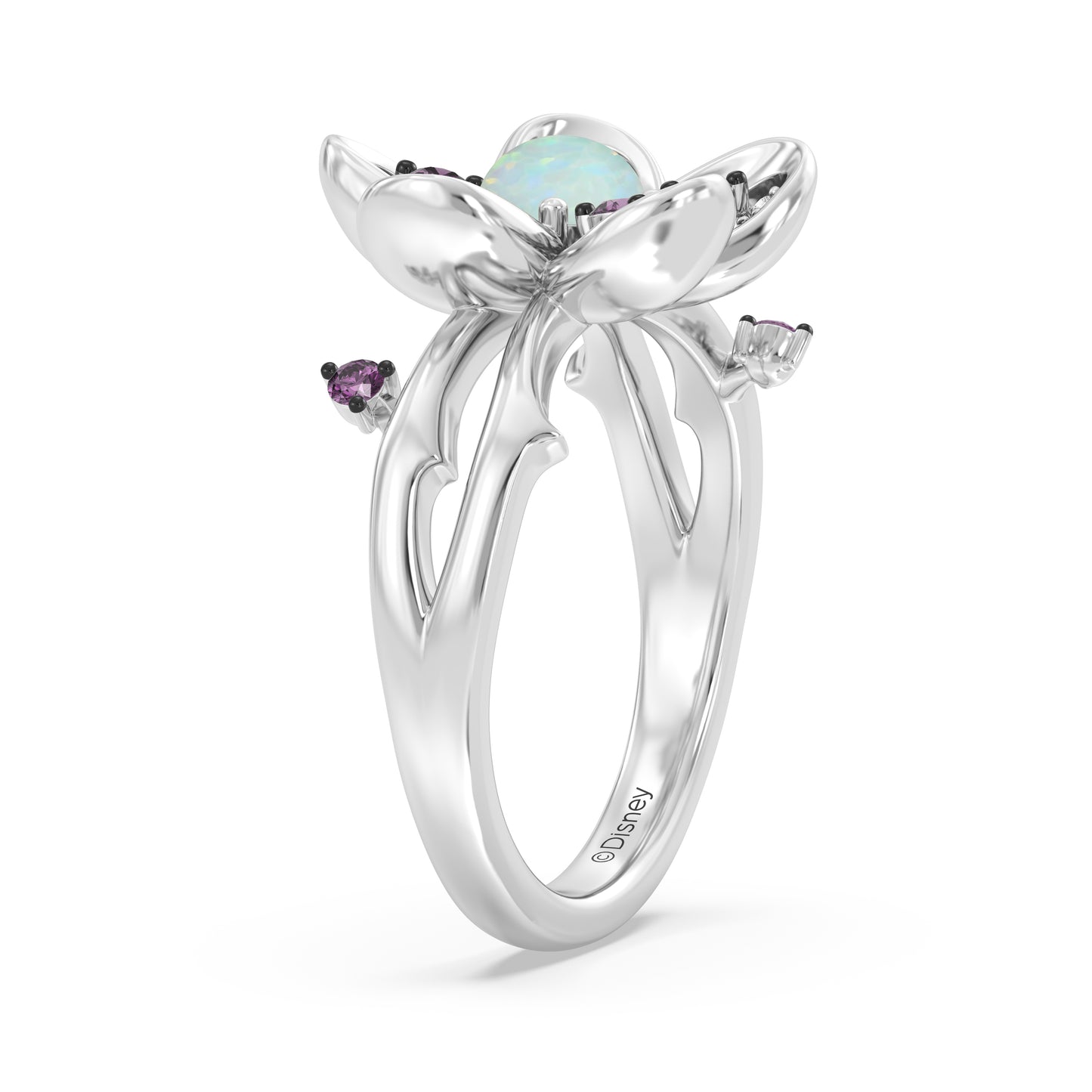 Enchanted Disney Fine Jewelry Black Rhodium over Sterling Silver with 1/6 CTTW Diamonds Opal and Rhodolite Garnet Mulan Ring