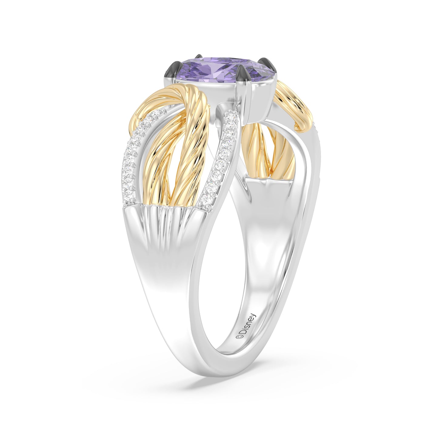 Enchanted Disney Fine Jewelry 14K Yellow Gold and Black Rhodium over Sterling Silver with 1/10 CTTW Diamonds and Rose De France Rapunzel Ring