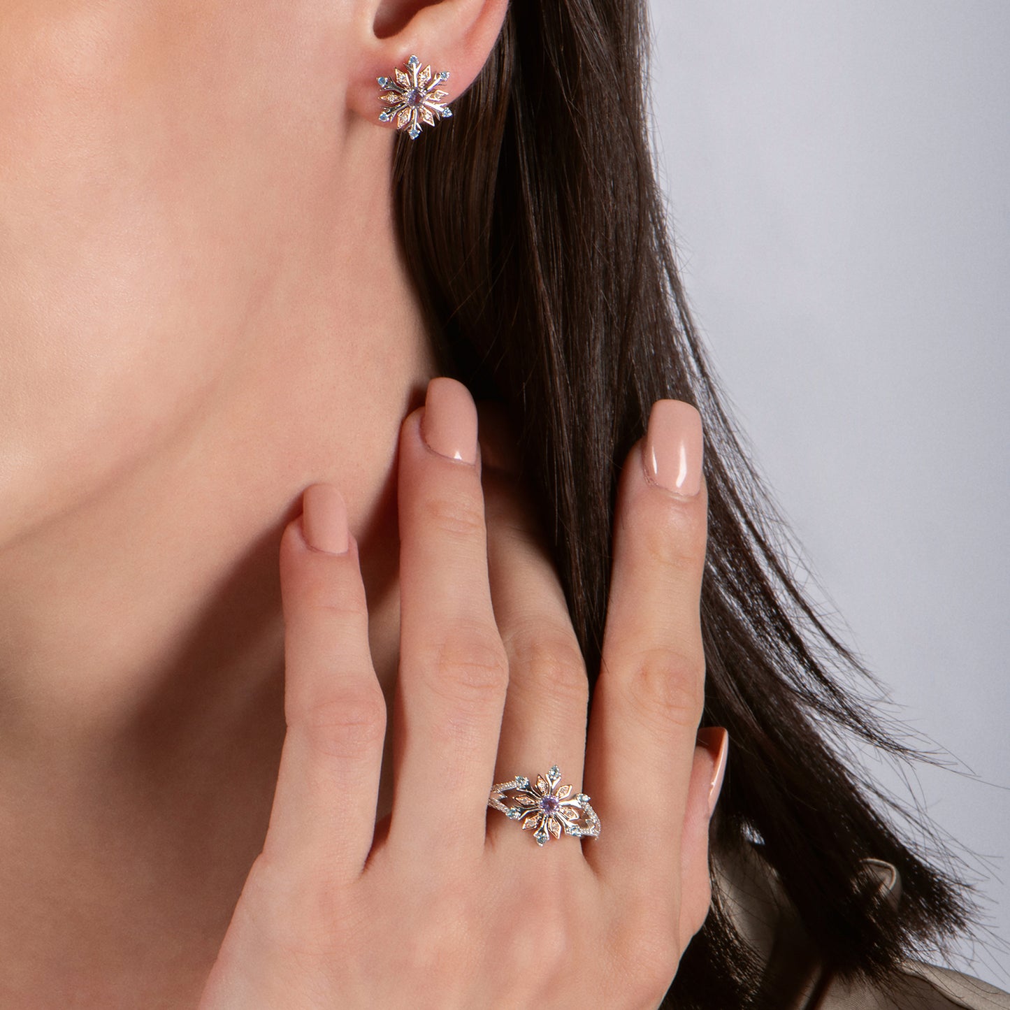 Enchanted Disney Fine Jewelry 14K Rose Gold over Sterling Silver with 1/20 CTTW Diamond with Swiss Blue Topaz and Rose-De-France Elsa Snow Flake Earrings