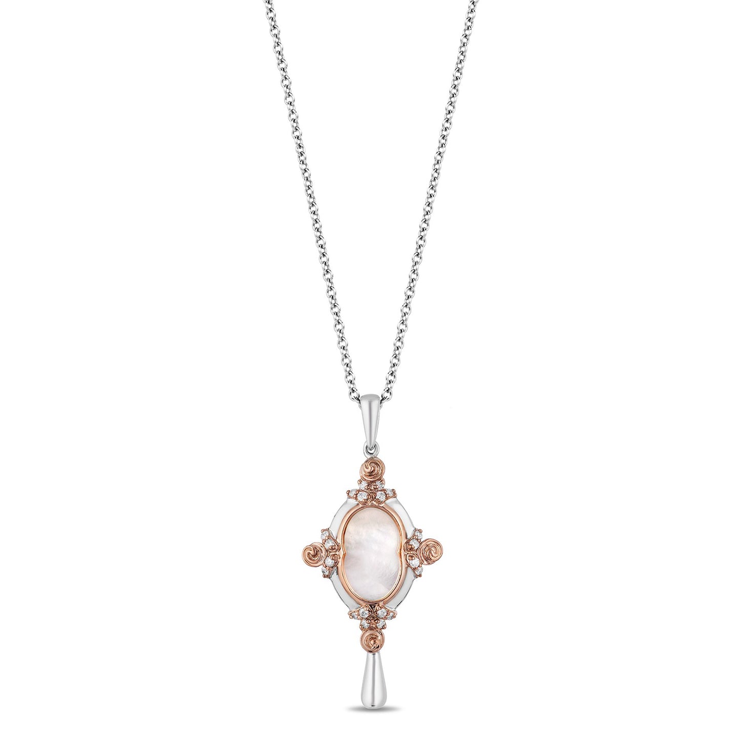 Enchanted Disney Fine Jewelry 14K Rose Gold Over Sterling Silver with 1/10 CTTW Diamond and Mother of Pearl Belle Mirror Pendant Necklace