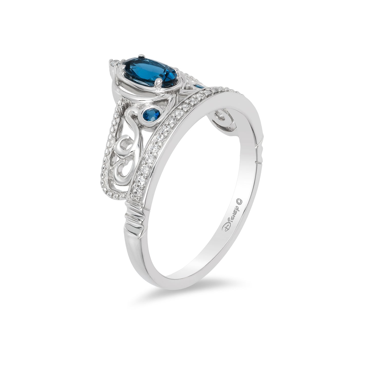 Enchanted Disney Fine Jewelry Sterling Silver with 1/10 CTTW Diamond and London Blue Topaz Cinderella Carriage Tiara Ring