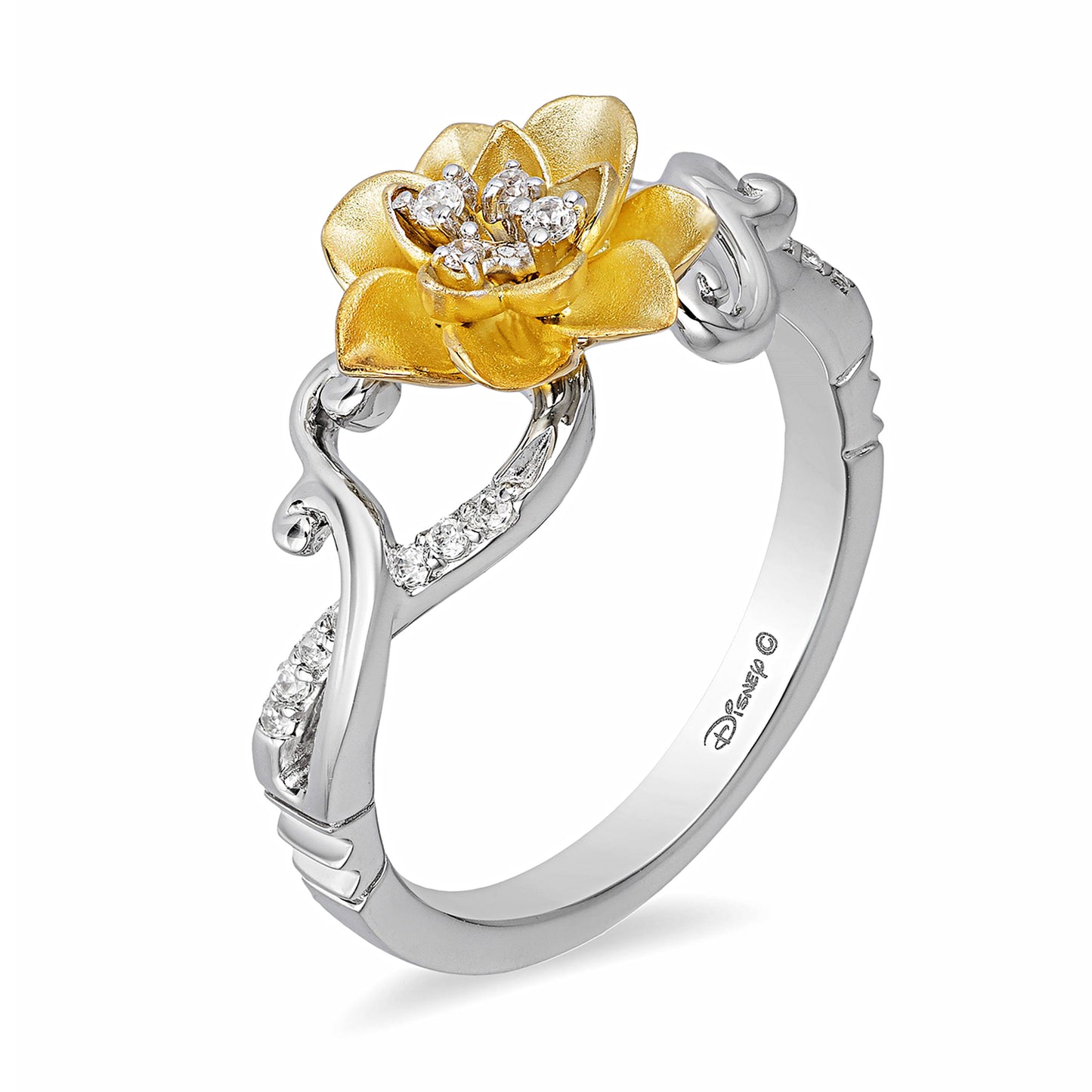 Enchanted Disney Fine Jewelry Sterling Silver and 10K Yellow Gold 1/10 CTTW Tiana Water Lily Ring