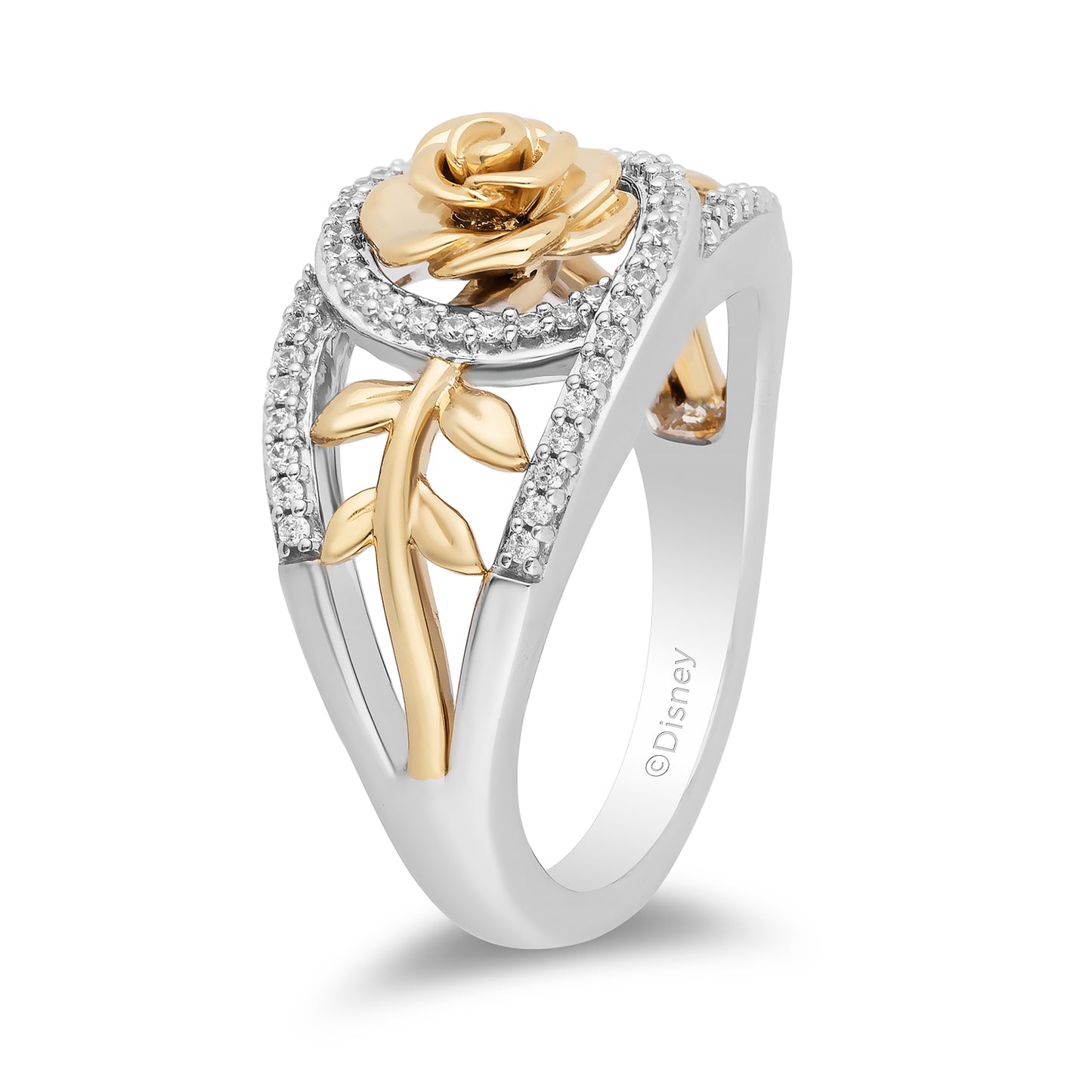 Enchanted Disney Fine Jewelry Sterling Silver and 10K Yellow Gold with 1/5 CTTW Diamond Belle Rose Ring