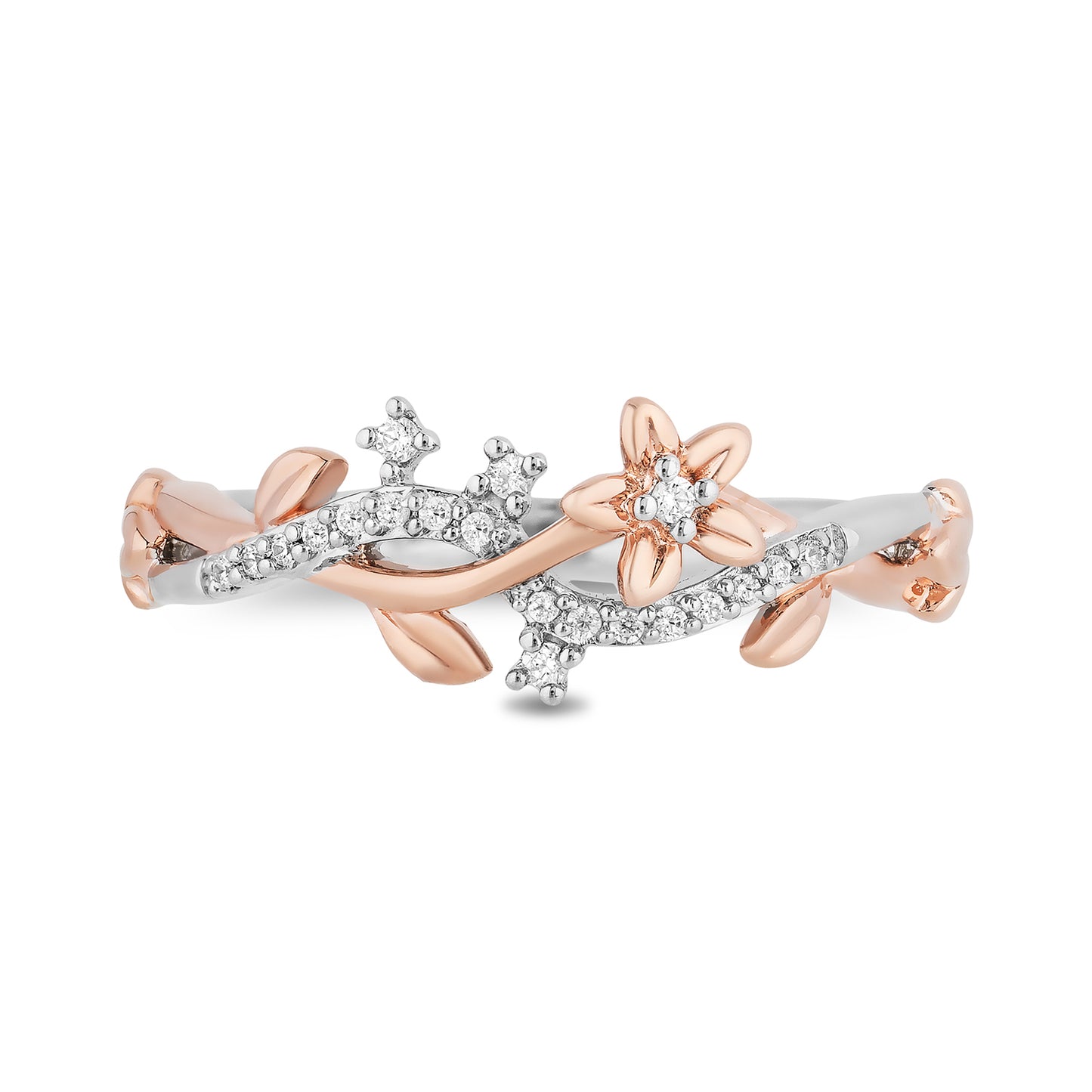 Enchanted Disney Fine Jewelry Sterling Silver and 10K Rose Gold with 1/10 CTTW Diamond Rapunzel Magical Flower Ring
