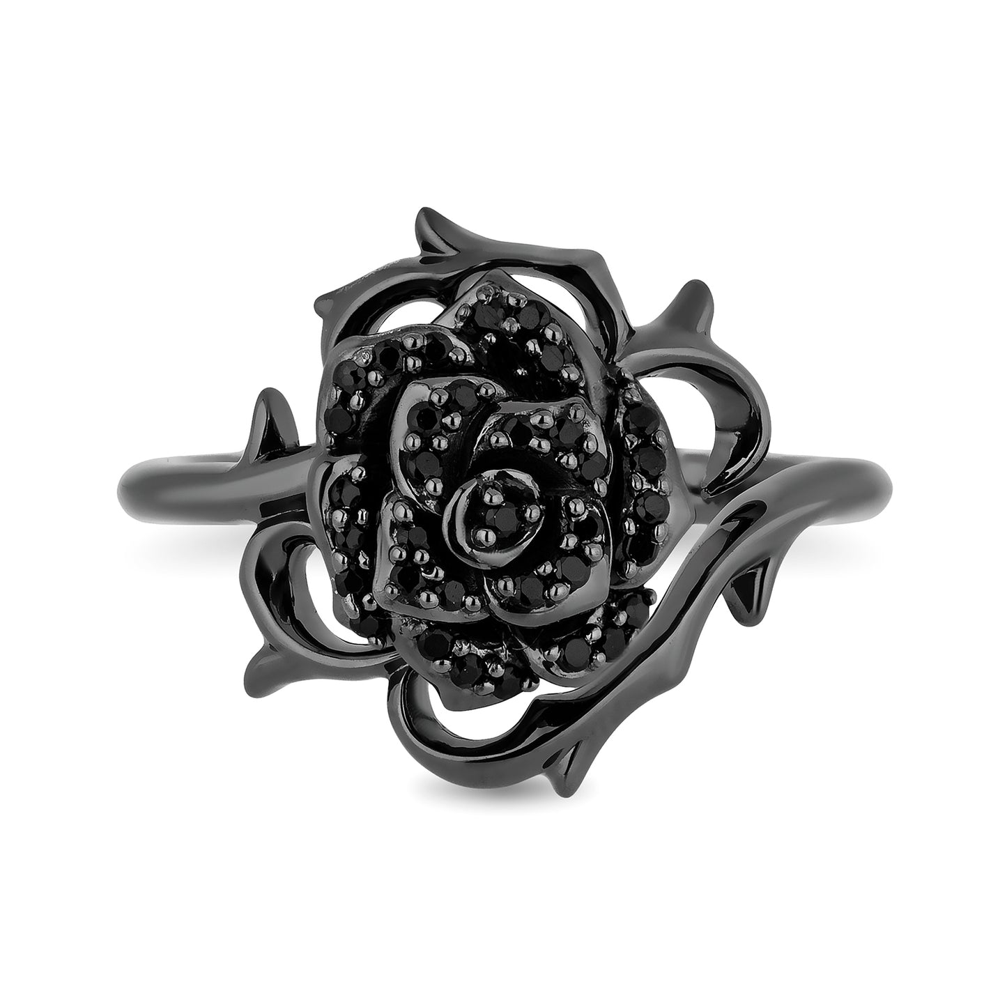 Enchanted Disney Fine Jewelry Black Rhodium over Sterling Silver with 1/4 CTTW Black Diamonds Maleficent Black Rose Ring
