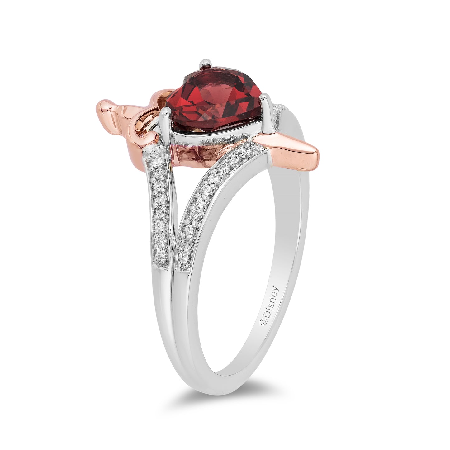 Enchanted Disney Fine Jewelry Sterling Silver and 10K Rose Gold with 1/10 CTTW Diamond with Red Garnet Evil Queen Ring