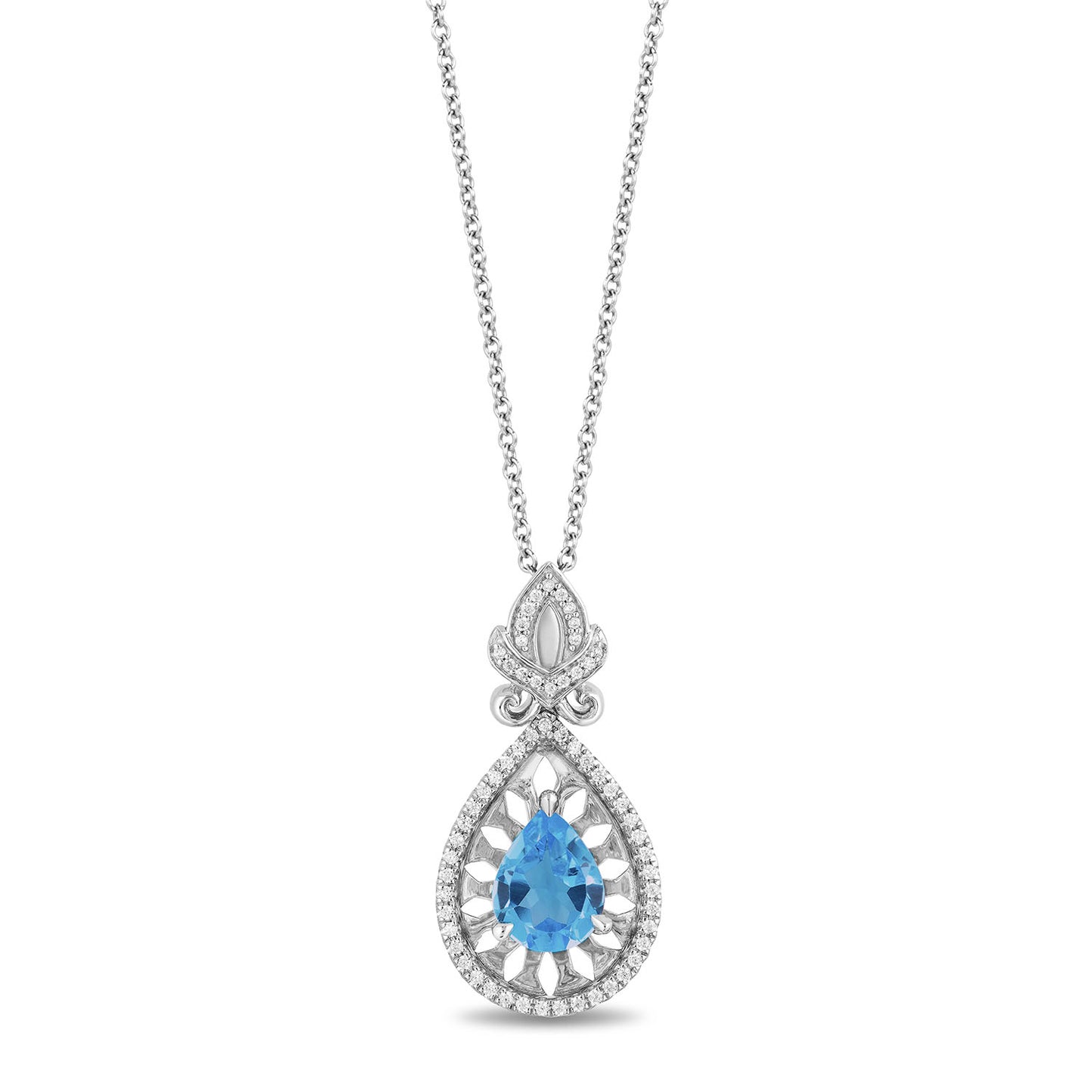 Enchanted Disney Fine Jewelry Sterling Silver with 1/5 CTTW Diamond and Swiss Blue Topaz Jasmine Pendant Necklace