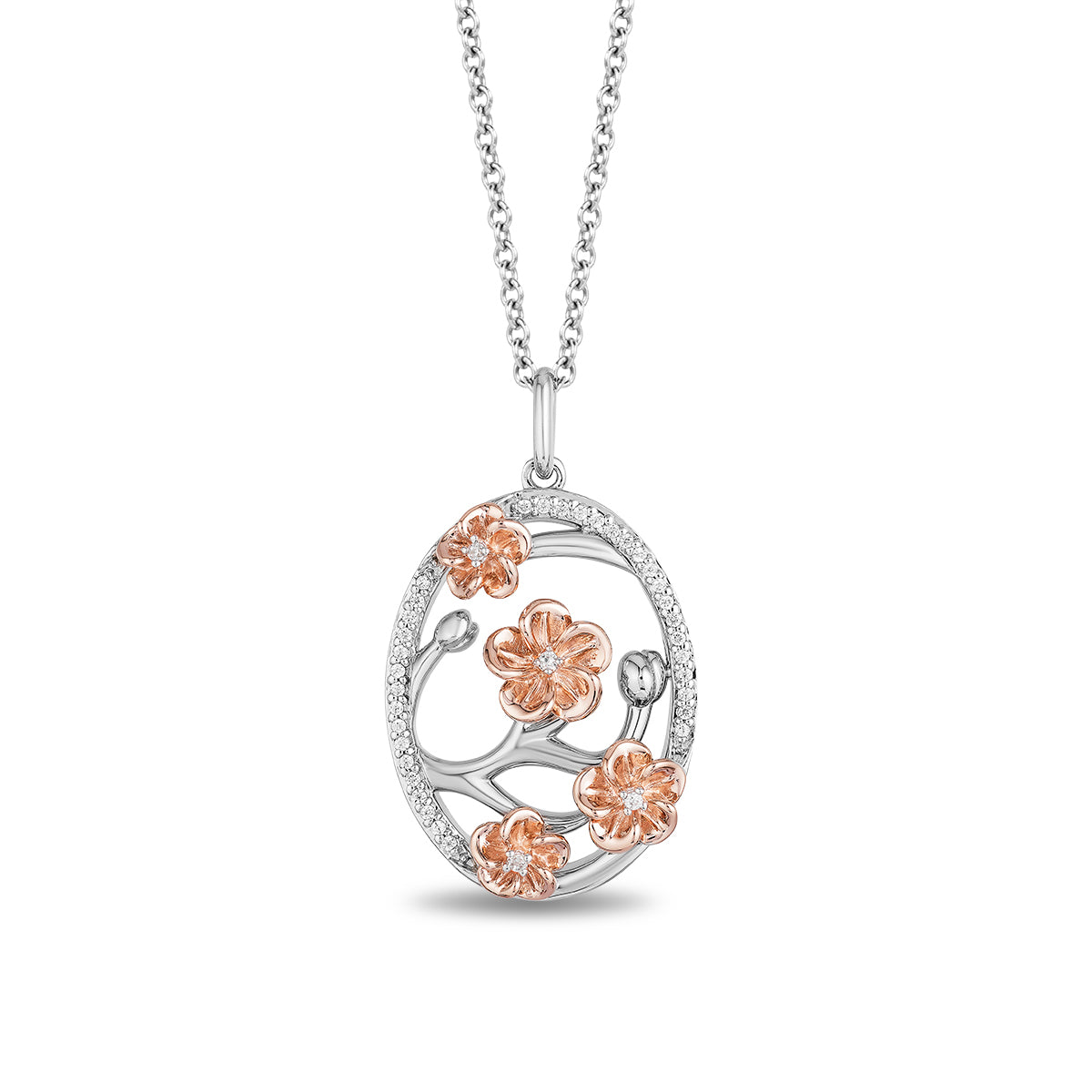 Enchanted Disney Fine Jewelry 14K Rose Gold Over Sterling Silver with 1/10 CTTW Diamond Mulan Plum Blossom Pendant Necklace