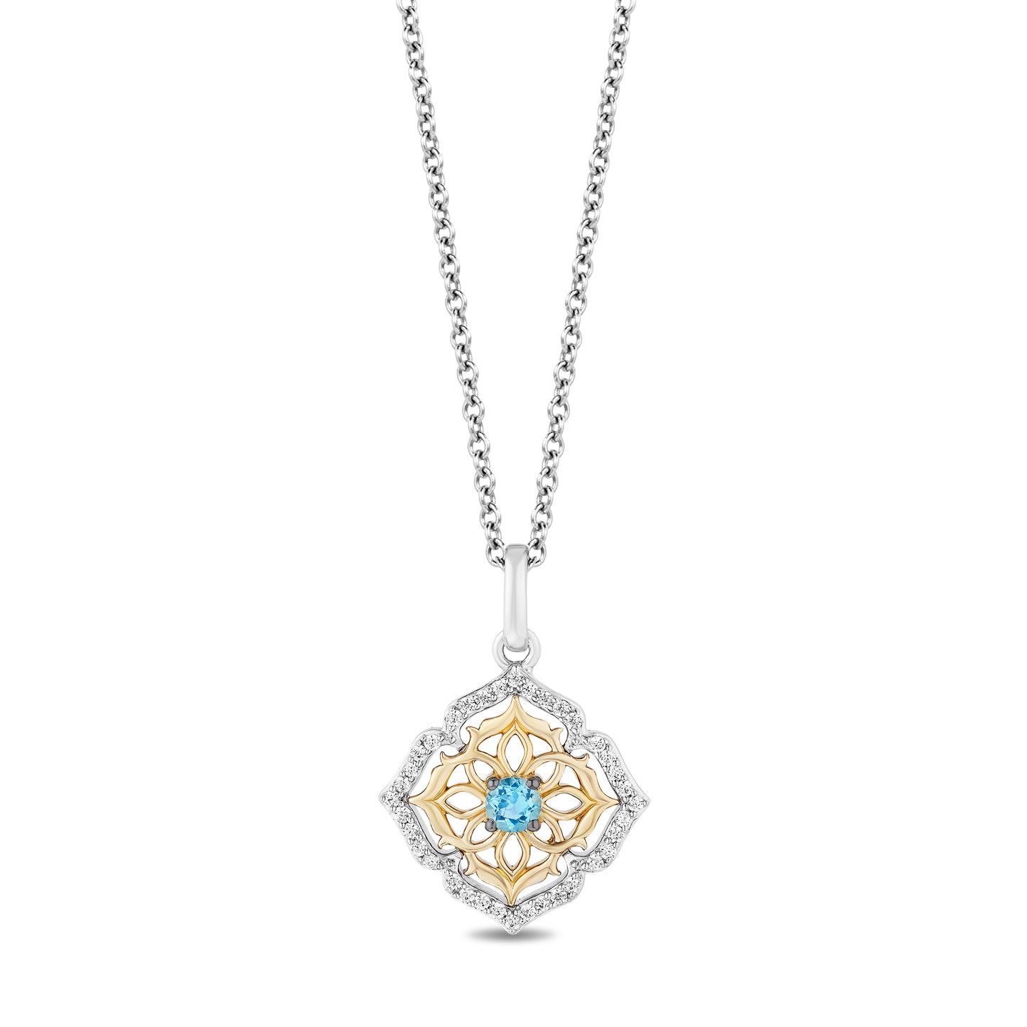Disney Jasmine Inspired Diamond & Swiss Blue Topaz Necklace Pendant in Sterling Silver and 10K Yellow Gold 1/7 CTTW View 1