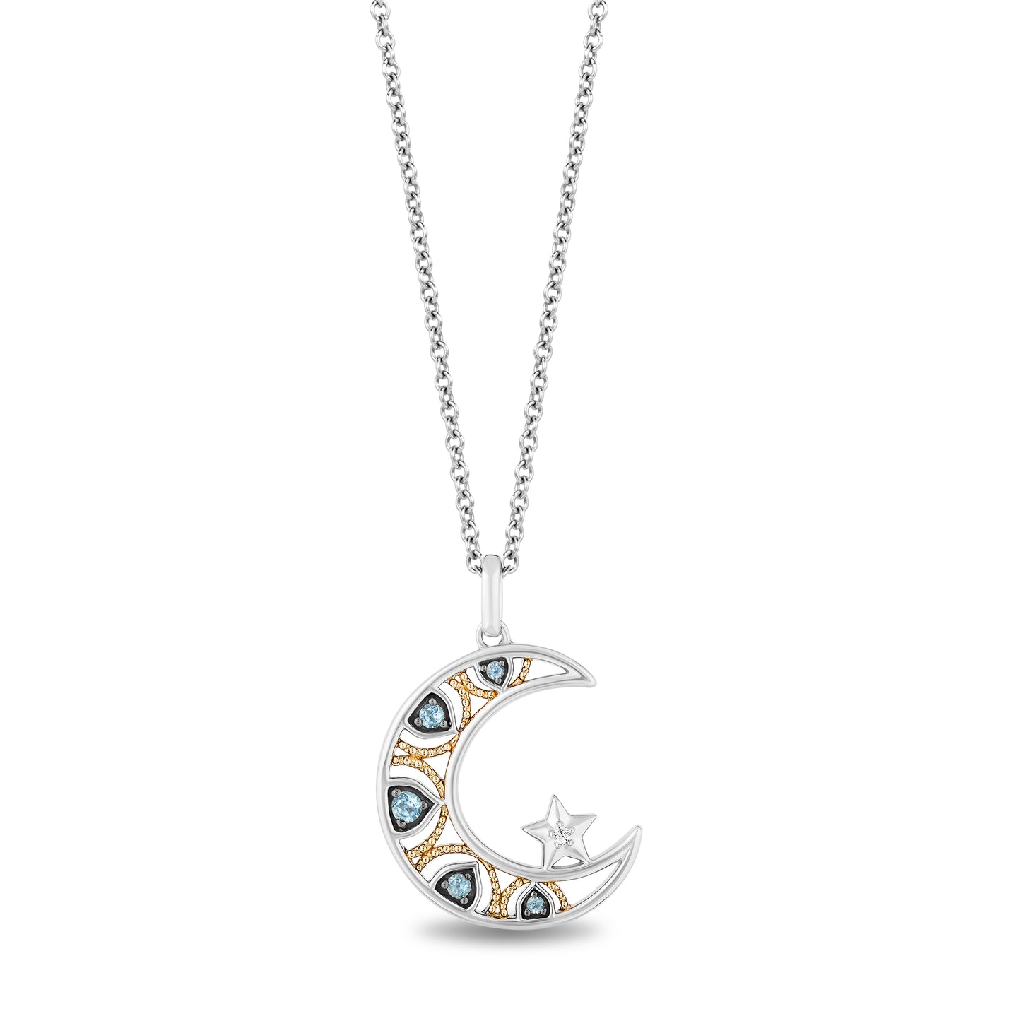 Disney Jasmine Inspired Diamond & Swiss Blue Topaz Star & Moon Necklace Pendant in Sterling Silver and 10K Yellow Gold View 1
