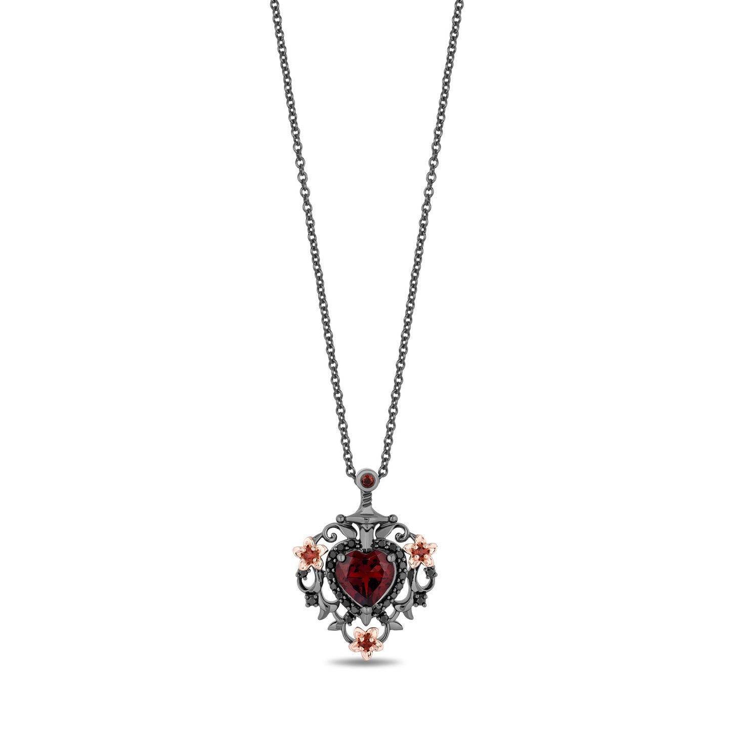 Disney Villain Evil Queen Inspired Diamond and Red Garnet Necklace Pendant in Black Rhodium Over Sterling Silver and 10K Rose Gold 1/5 CTTW View 1