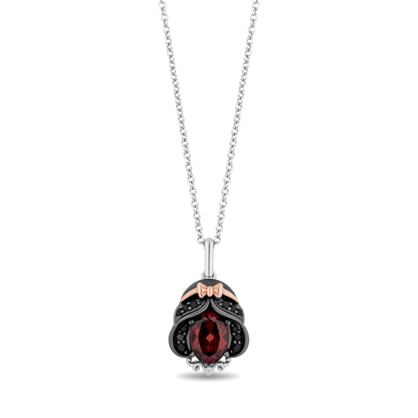 Disney Snow White Inspired White Diamond and Black Diamond with Red Garnet Necklace Pendant in Black Rhodium Over Sterling Silver and 10K Rose Gold 1/7 CTTW View 1