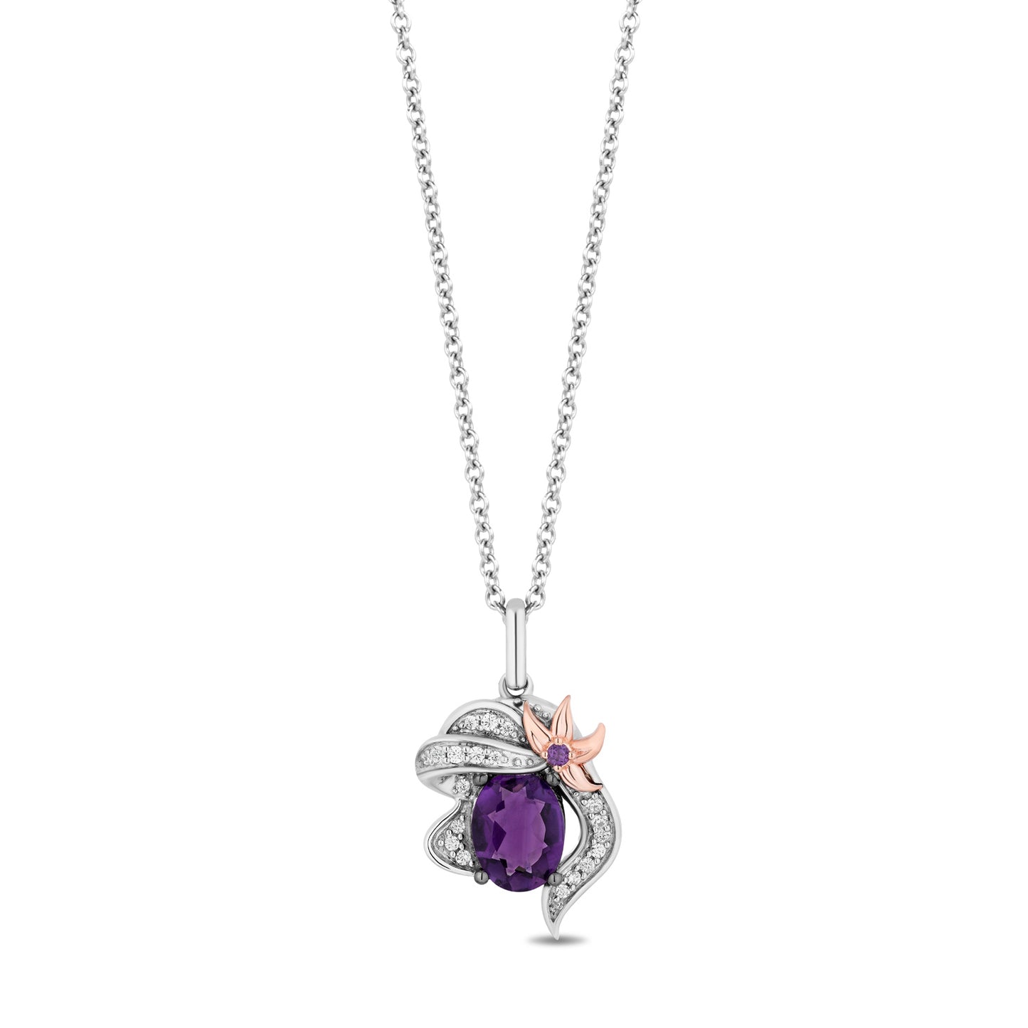 Enchanted Disney Fine Jewelry Sterling Silver and 10K Rose Gold with 1/10 CTTW Diamond and Amethyst Ariel Pendant Necklace