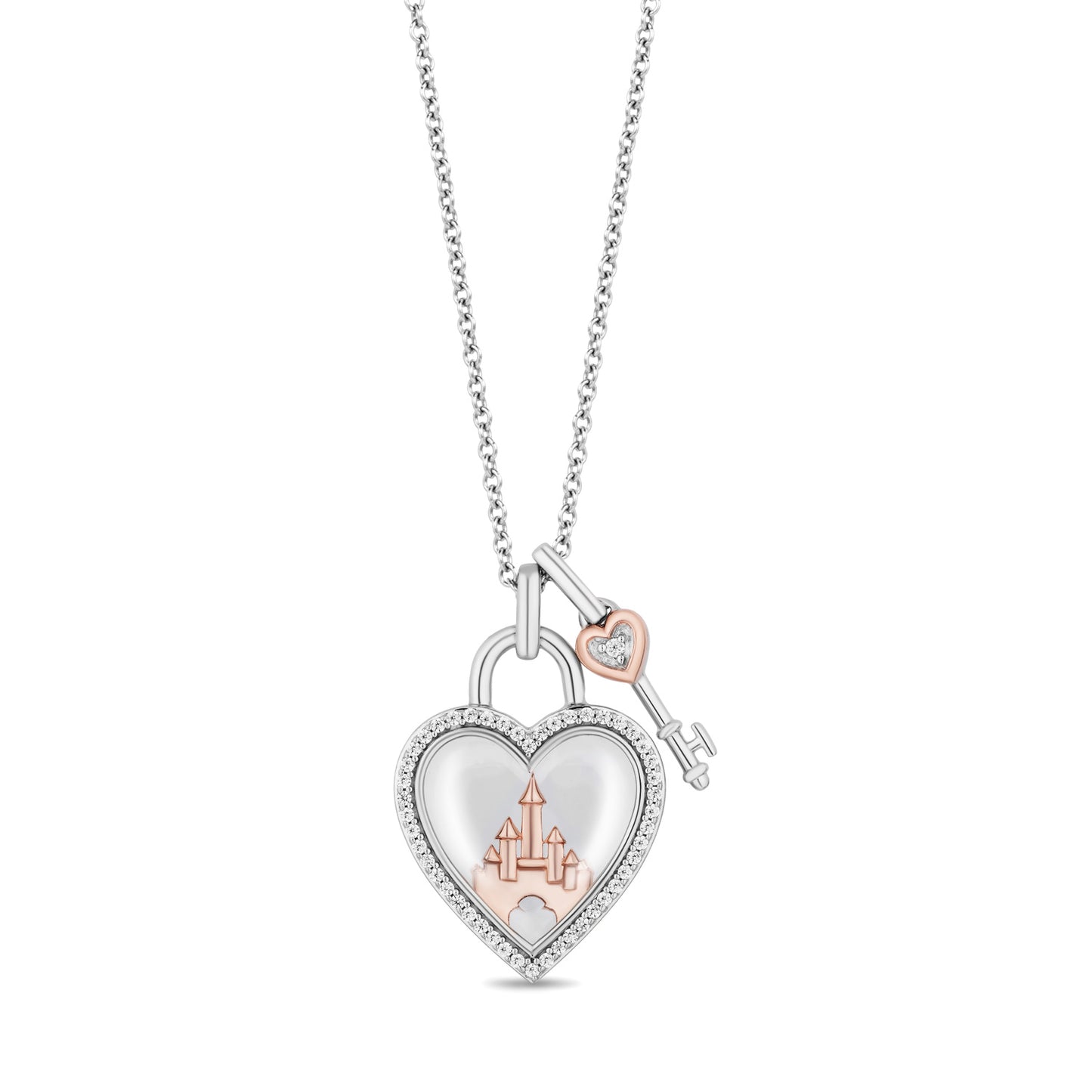 Enchanted Disney Fine Jewelry Celebration Sterling Silver and 10K Rose Gold with 1/6 CTTW Diamond and White Transparent Quartz Heart and Key Majestic Princess Pendant Necklace
