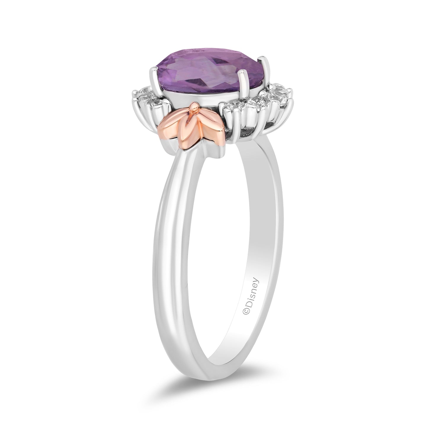 Enchanted Disney Fine Jewelry Sterling Silver and 10K Rose Gold 1/6 CTTW Diamond and Rose De France Rapunzel Ring