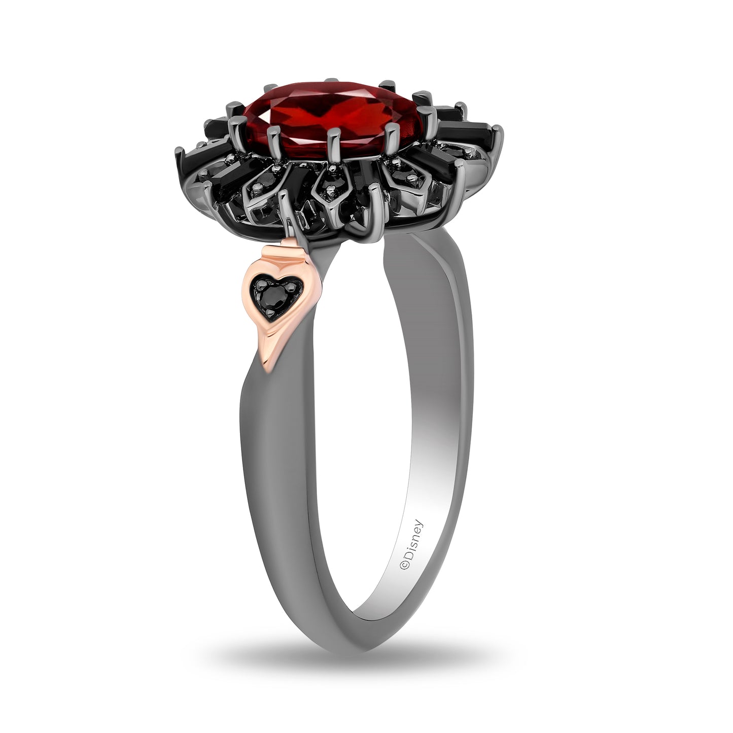 Enchanted Disney Fine Jewelry Black Rhodium Over Sterling Silver and 10K Rose Gold 1/10 CTTW Black Diamond with Black Onyx and Red Garnet Evil Queen Throne Ring