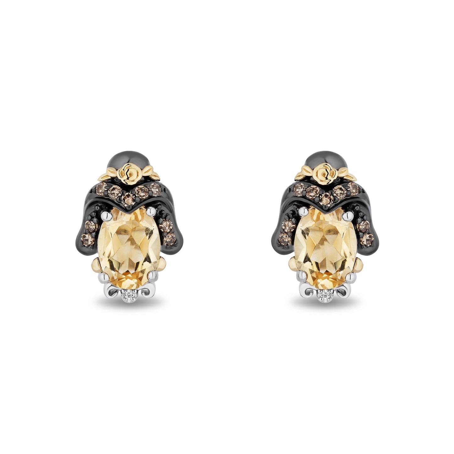 Enchanted Disney Fine Jewelry Black Rhodium Over Sterling Silver and 10K Yellow Gold 1/7 CTTW White Diamond and Champagne Diamond with Citrine Belle Stud Earrings