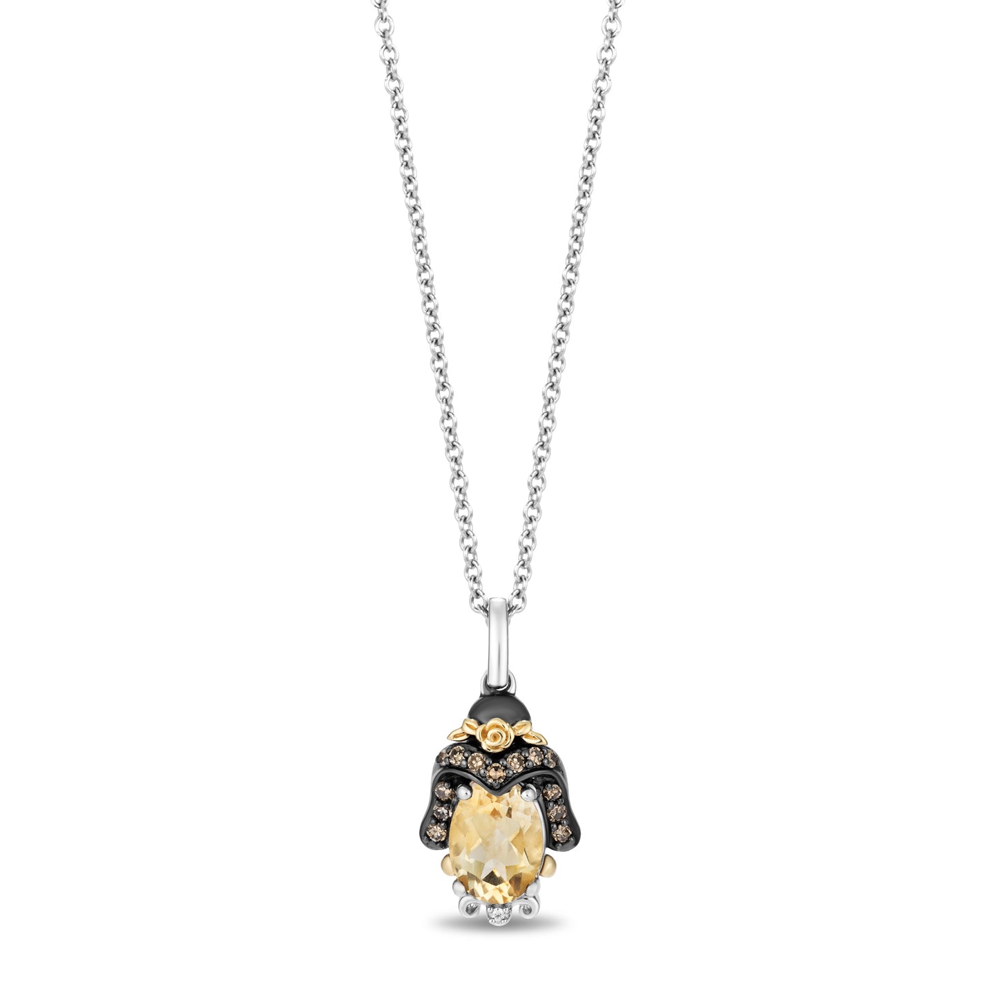 Enchanted Disney Fine Jewelry Black Rhodium Over Sterling Silver and 10K Yellow Gold 1/7 CTTW White Diamond and Champagne Diamond with Citrine Belle Pendant Necklace