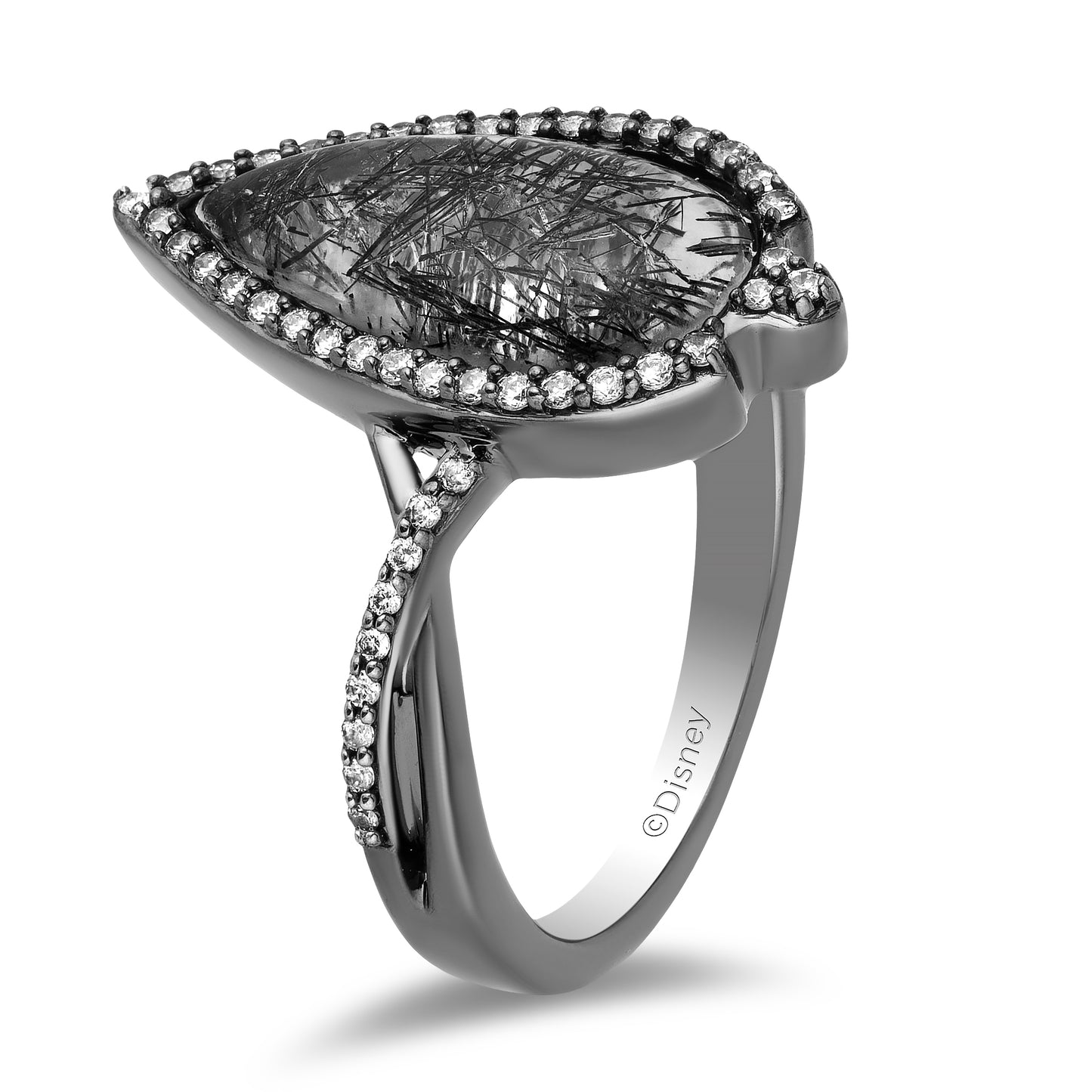 Enchanted Disney Fine Jewelry Black Rhodium over Sterling Silver 1/4 CTTW Diamond with Rutile Quartz Maleficent Ring