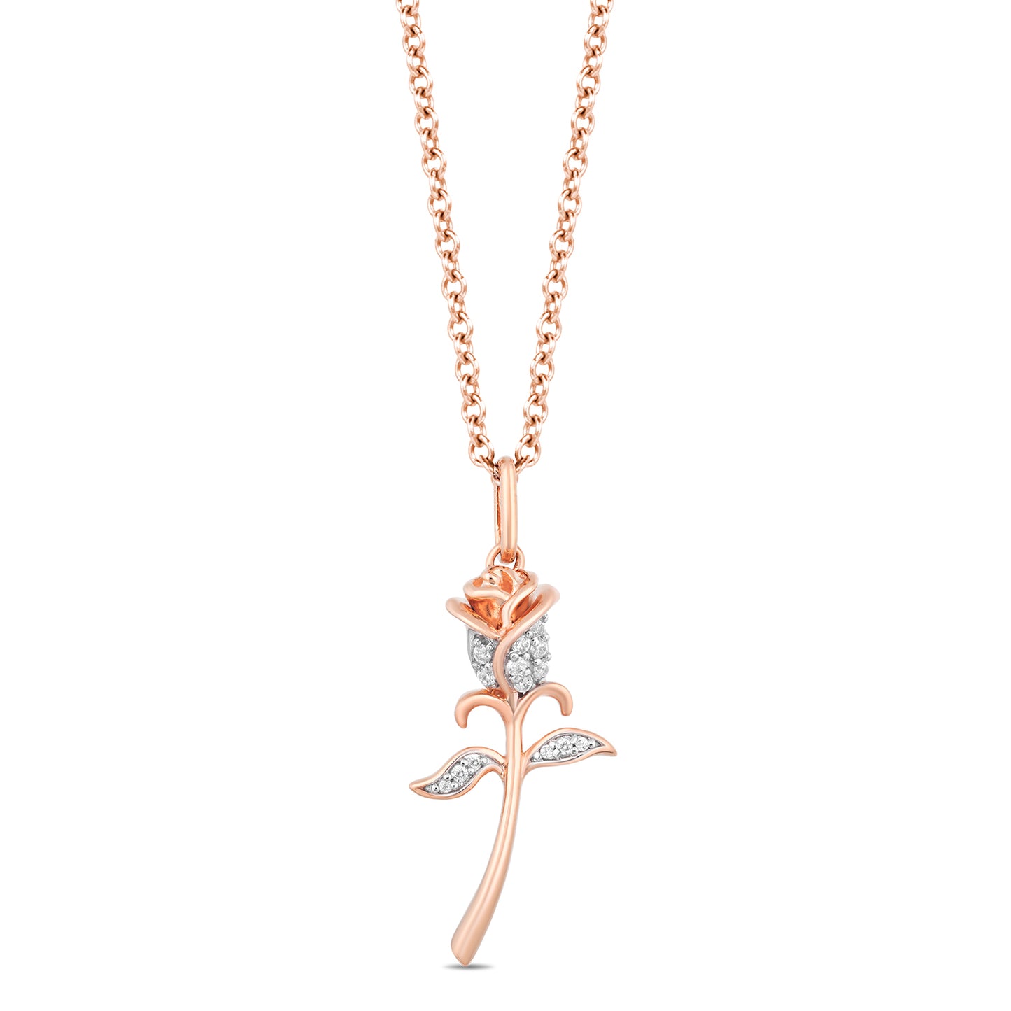 Enchanted Disney Fine Jewelry 10K Rose Gold with 1/10 CTTW Diamond Belle Rose Pendant Necklace