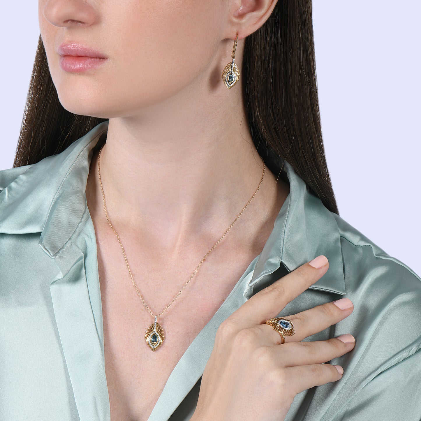 Enchanted Disney Fine Jewelry 14K Yellow Gold over Sterling Silver with 1/8 CTTW Diamond and Swiss Blue Topaz, Disney's Jasmine Peacock Feather Necklace