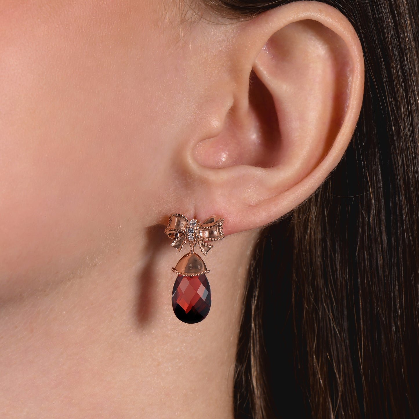 Enchanted Disney Fine Jewelry 14k Rose Gold 1/15 CTTW Diamond and Garnet Snow White Bow Earrings