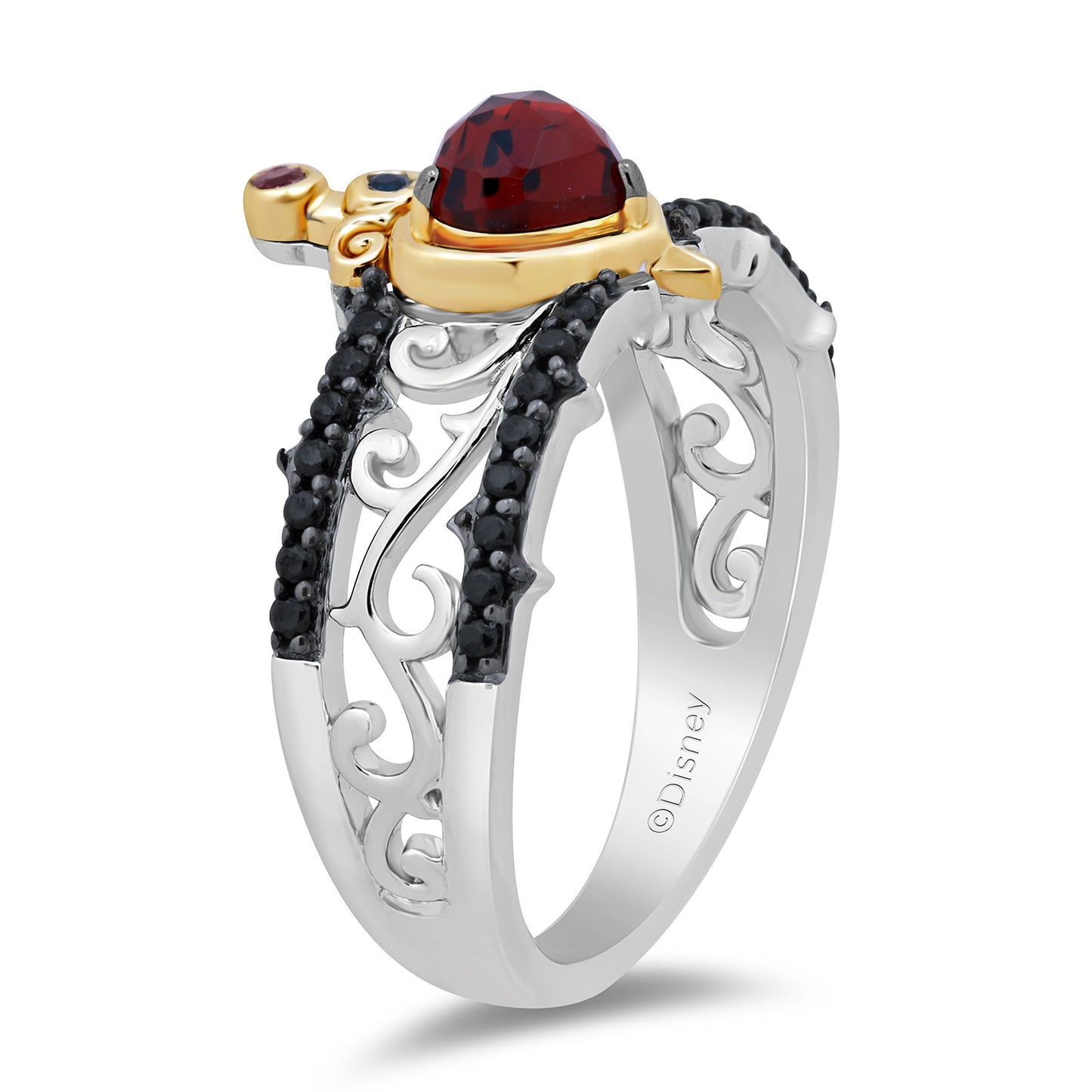 Enchanted Disney Fine Jewelry 10K Yellow Gold and Sterling Silver with 1/4 CTTW Black Diamond and Red Garnet Evil Queen Ring