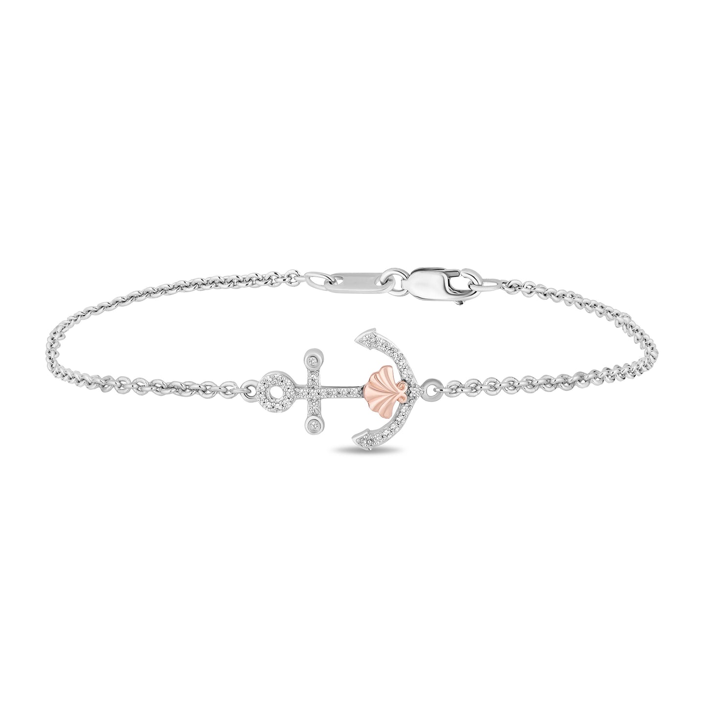 Enchanted Disney Fine Jewelry Sterling Silver and 10K Rose Gold with 1/10 CTTW Diamond Ariel Anchor Bracelet