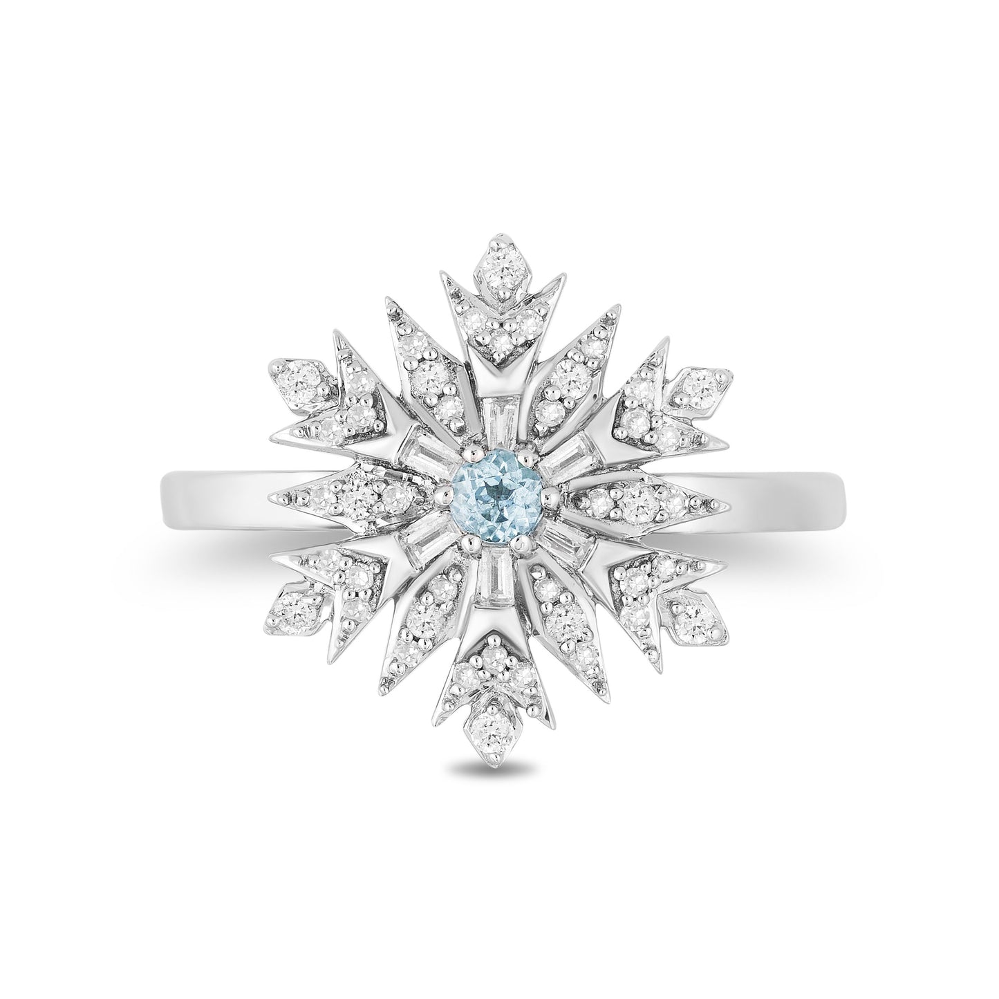 Enchanted Disney Fine Jewelry Sterling Silver with 1/4 CTTW Diamonds and Sky Blue Topaz Elsa Snowflake Ring