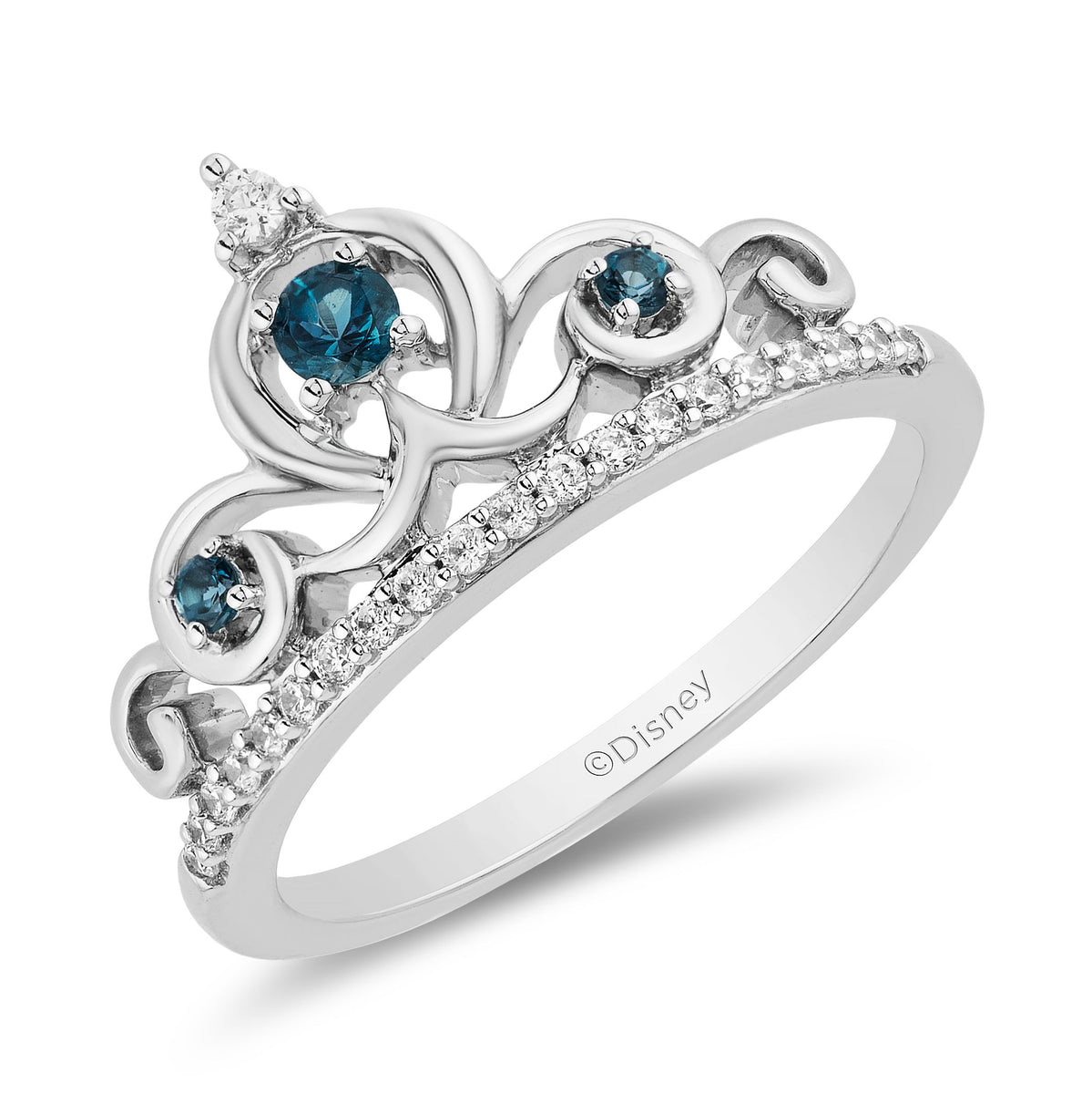 Enchanted Disney Fine Jewelry Sterling Silver 1/6 CTTW Diamond and London Blue Topaz Cinderella Tiara Ring