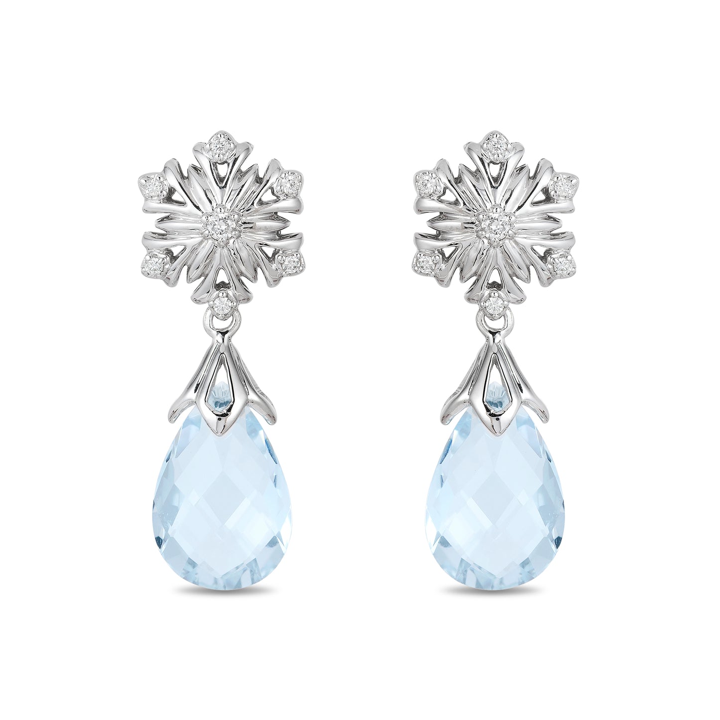 Enchanted Disney Fine Jewelry 14K White Gold With 1/10 CTTW Diamond and Aquamarine Elsa Snow Flake Earrings