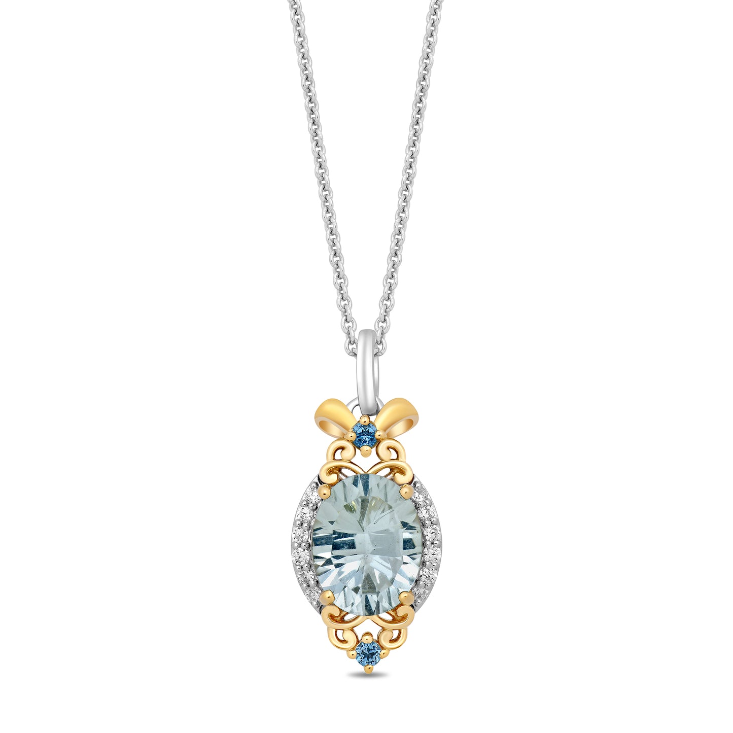 Disney Cinderella Inspired Diamond with Green Amethyst and London Blue Topaz Necklace Pendant in Sterling Silver and 10K Yellow Gold 1/10 CTTW View 1