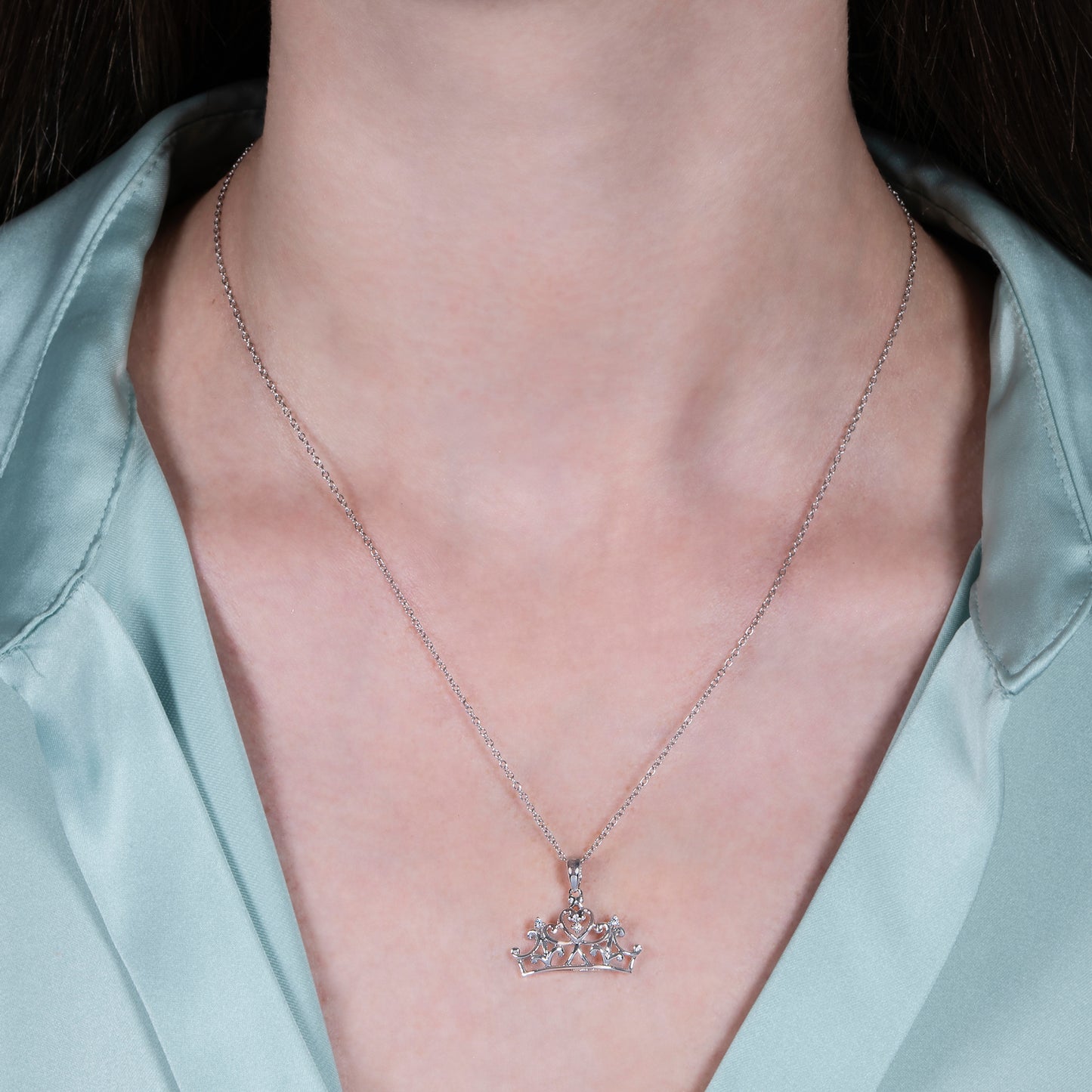Enchanted Disney Fine Jewelry Sterling Silver with 1/20 CTTW Diamond, Majestic Princess Crown Necklace