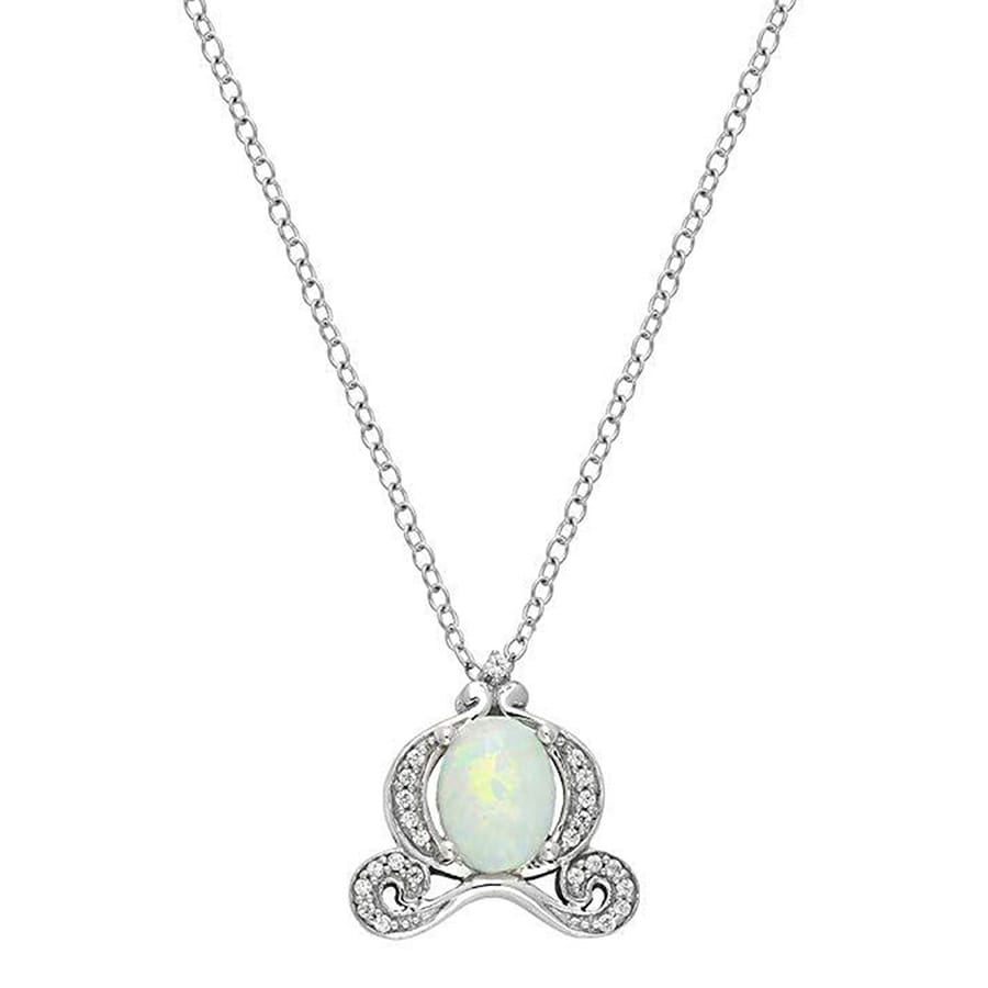 Enchanted Disney Fine Jewelry Sterling Silver with 1/10 CTTW Diamond and Created Multicolored Opal Cinderella Pendant Necklace