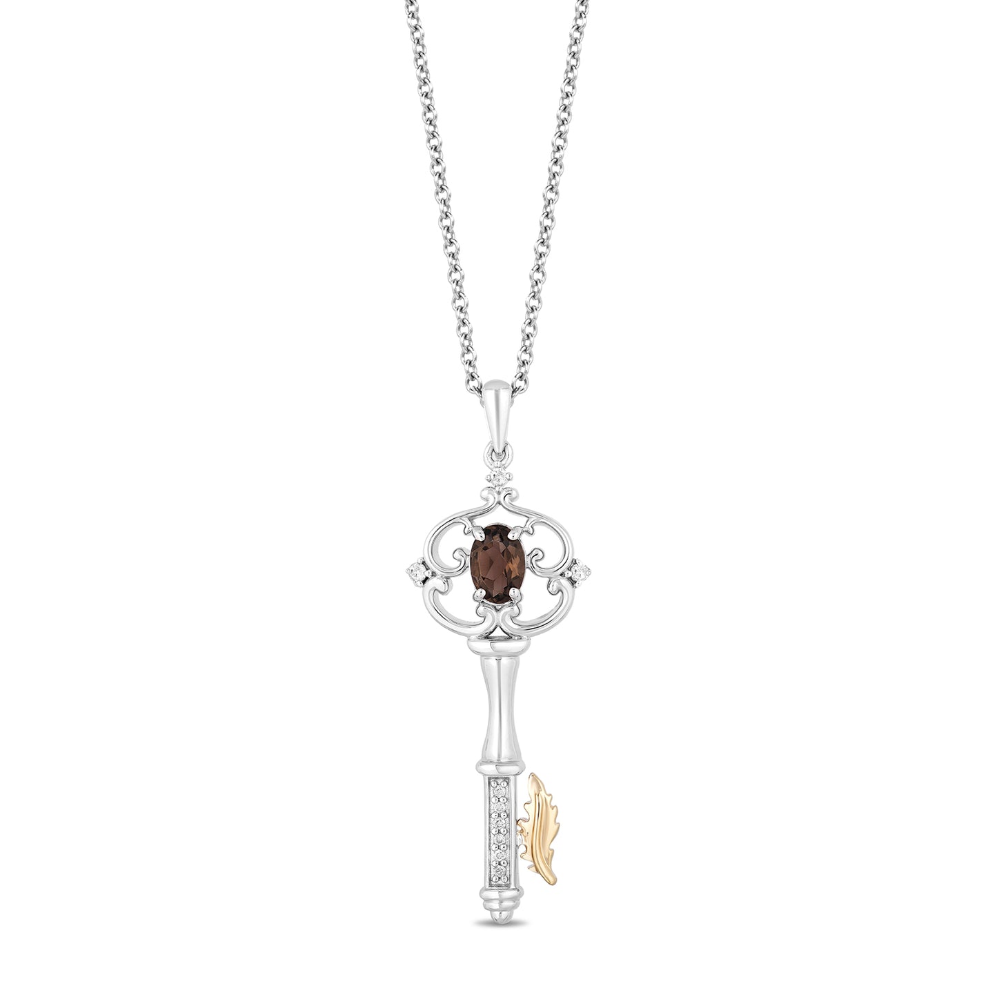 Enchanted Disney Fine Jewelry Sterling Silver and 10K Yellow Gold with 1/20 CTTW Diamond and Smokey Quartz Pocahontas Key Pendant Necklace