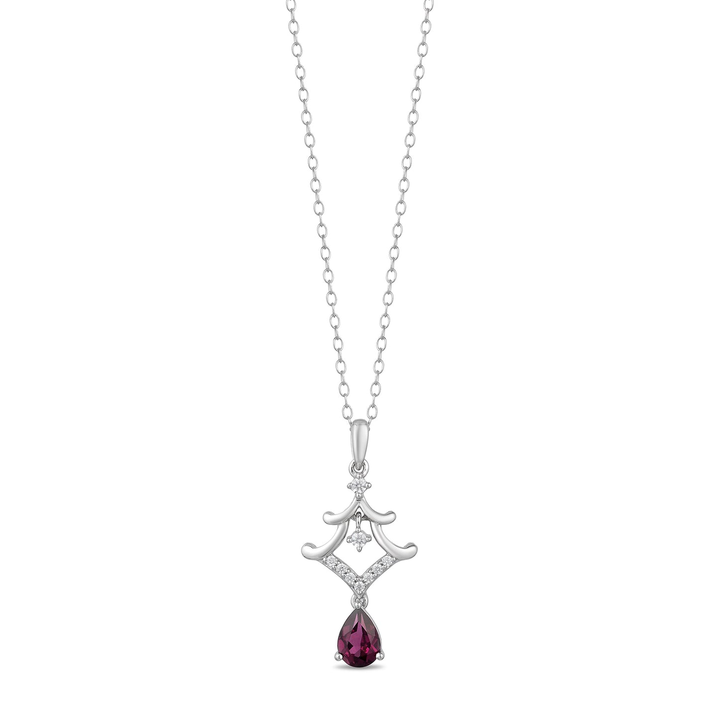 Enchanted Disney Fine Jewelry Sterling Silver with 1/10 CTTW Diamond and Rhodolite Garnet Mulan Pagoda Pendant Necklace