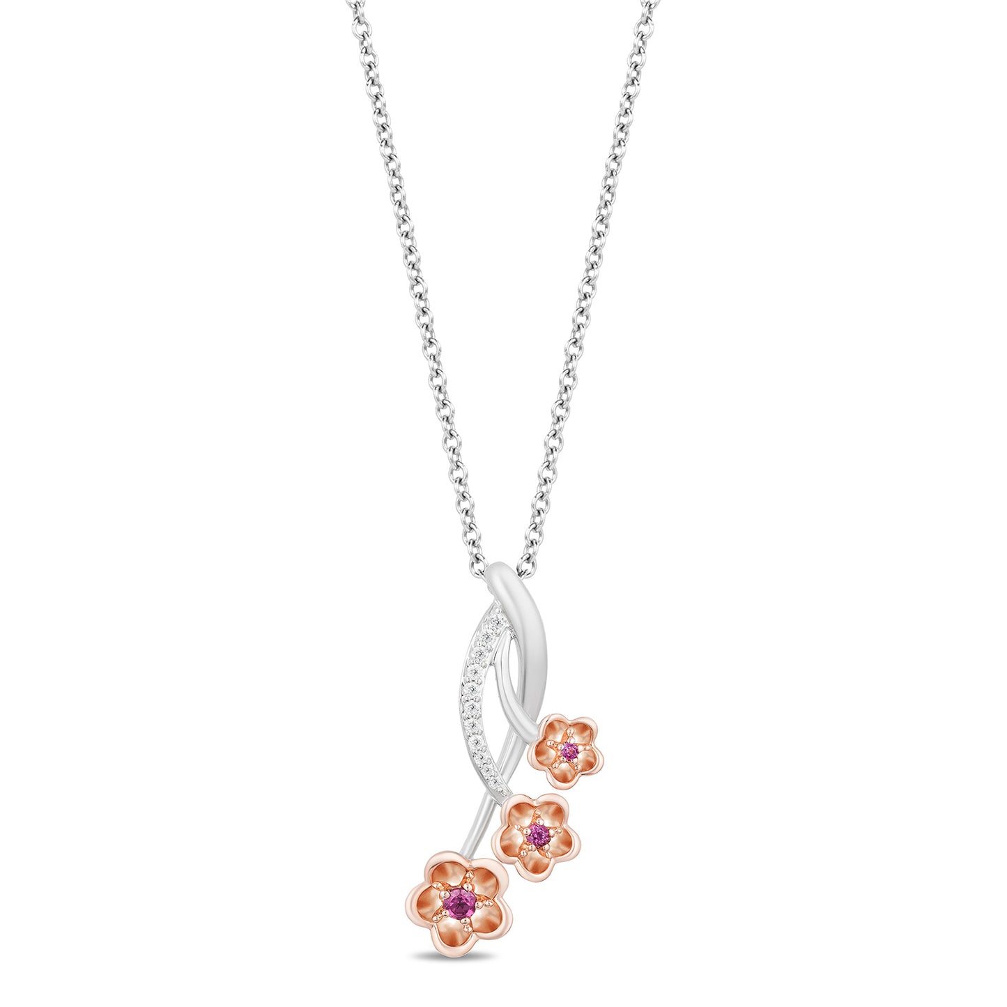 Enchanted Disney Fine Jewelry Sterling Silver and 10K Rose Gold with 1/20 CTTW Diamond and Rhodolite Garnet Mulan Pendant Necklace
