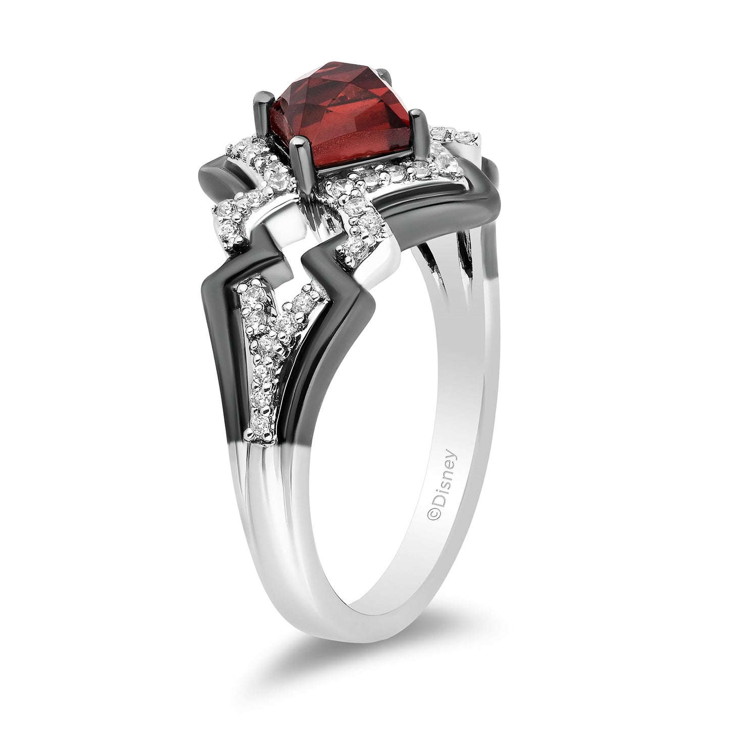 Enchanted Disney Fine Jewelry The Deville is in the Details Sterling Silver and Black Rhodium 1/5 CTTW Diamond and Garnet Disney Cruella Live Action Ring