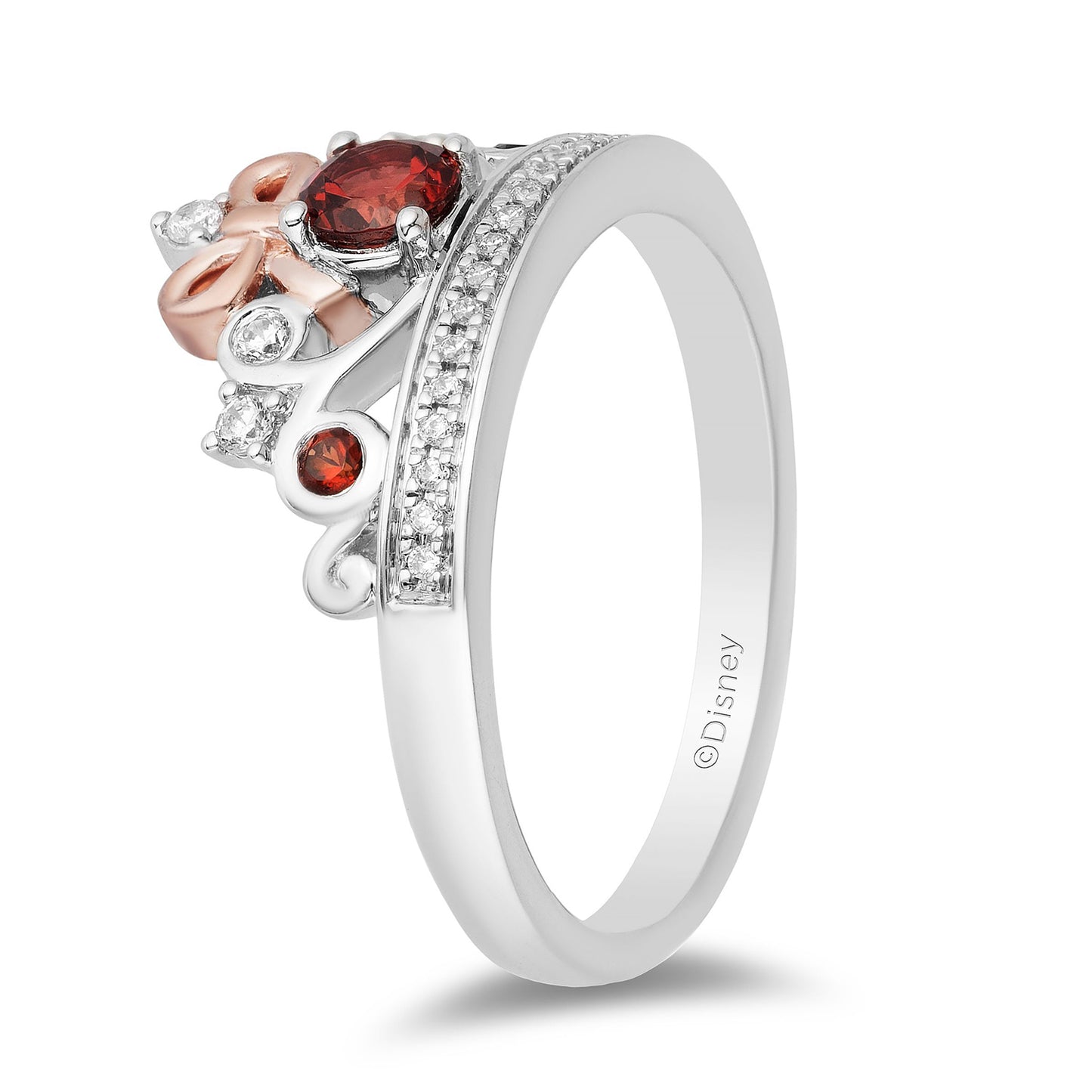Enchanted Disney Fine Jewelry 14K Rose Gold Over Sterling Silver 1/10 CTTW Diamond and Red Garnet Snow White Tiara Ring