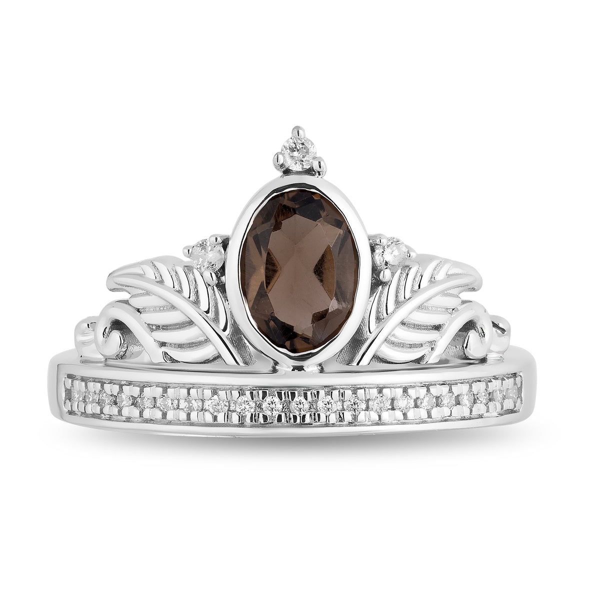 Enchanted Disney Fine Jewelry Sterling Silver 1/10 CTTW Diamond and Smokey Quartz Pocahontas Feather Tiara Ring