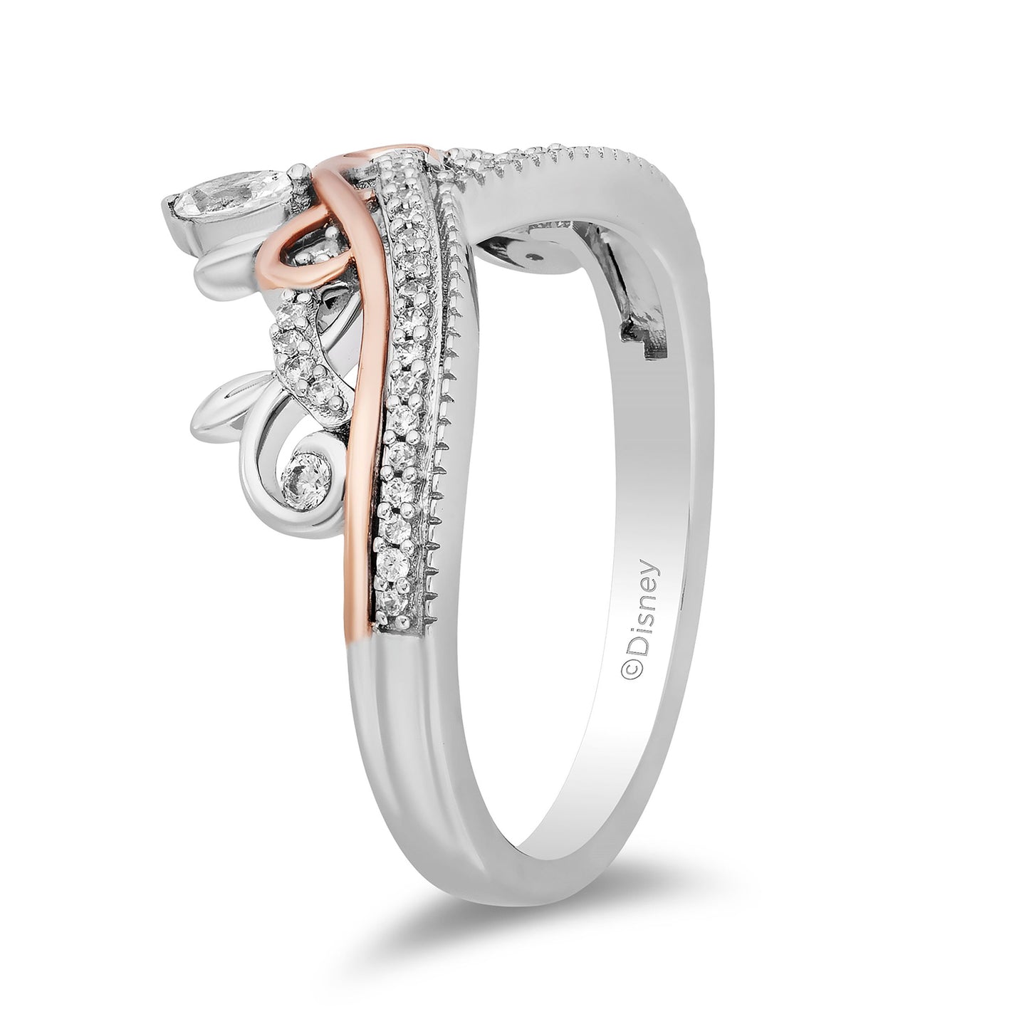 Enchanted Disney Fine Jewelry Sterling Silver and 10K Rose Gold with 1/5 CTTW Round and Marquise Diamond Rapunzel Tiara Ring
