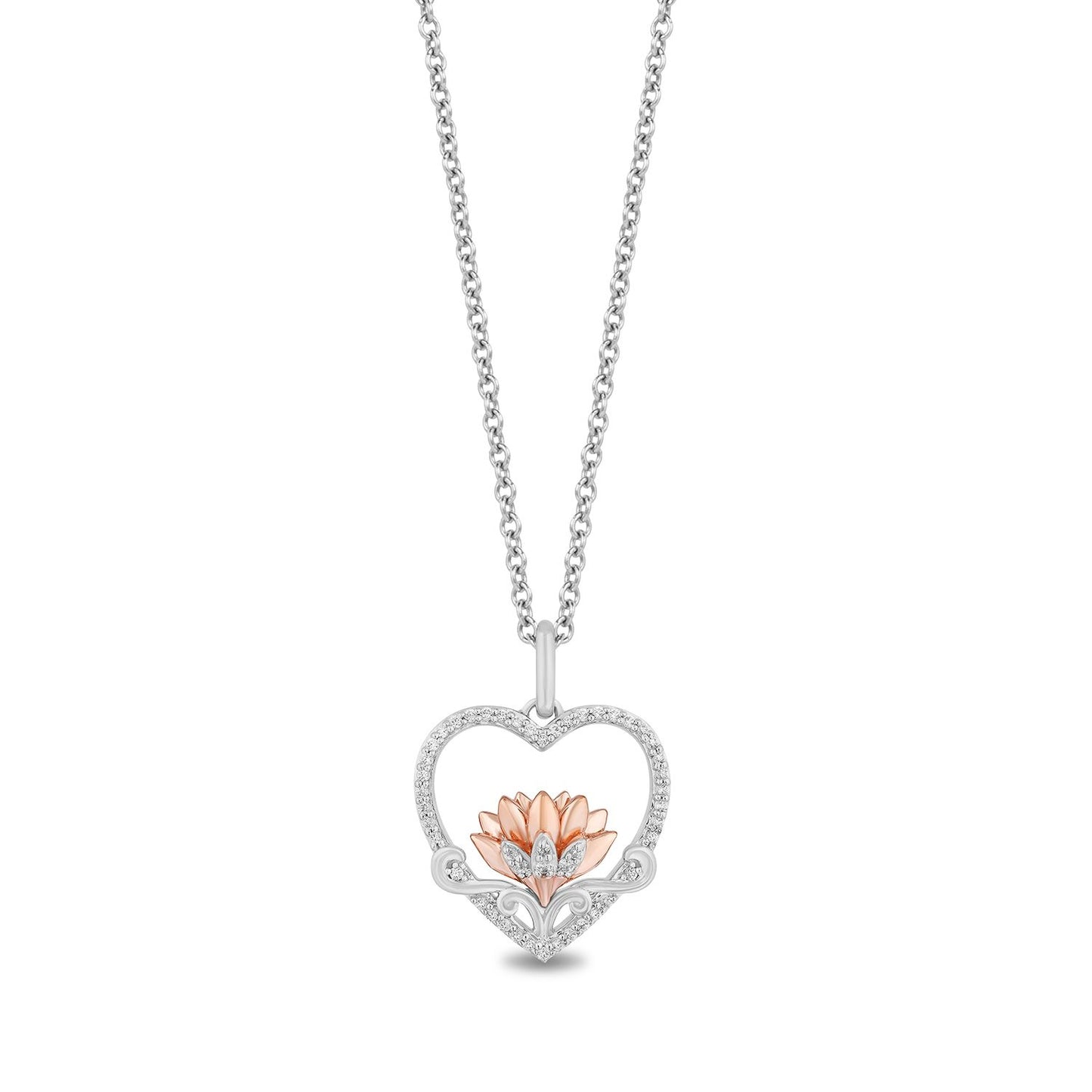 Disney Jasmine Inspired Diamond Lotus in Heart Necklace Pendant in 14K Rose Gold over Sterling Silver 1/5 CTTW View 1