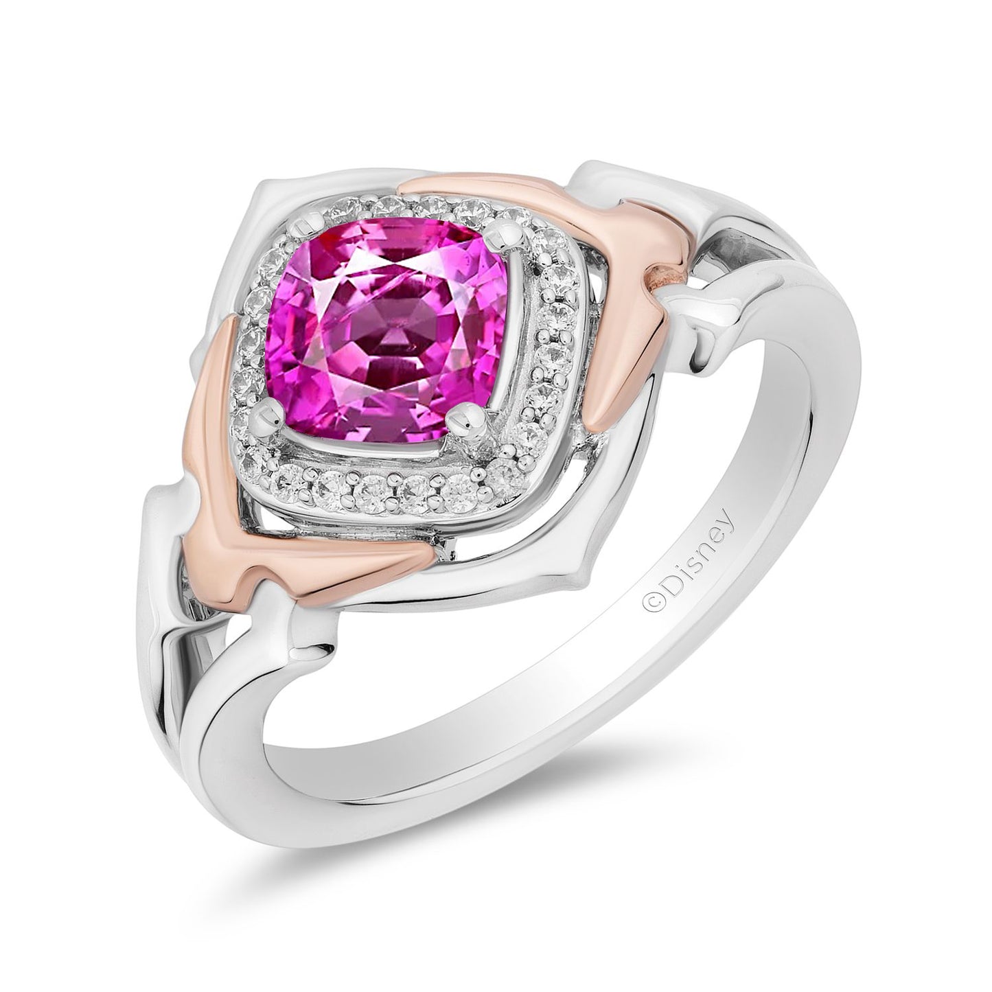 Enchanted Disney Fine Jewelry 14K Rose Gold Over Sterling Silver with 1/10 CTTW Diamonds and Created Pink Sapphire Aurora Ring