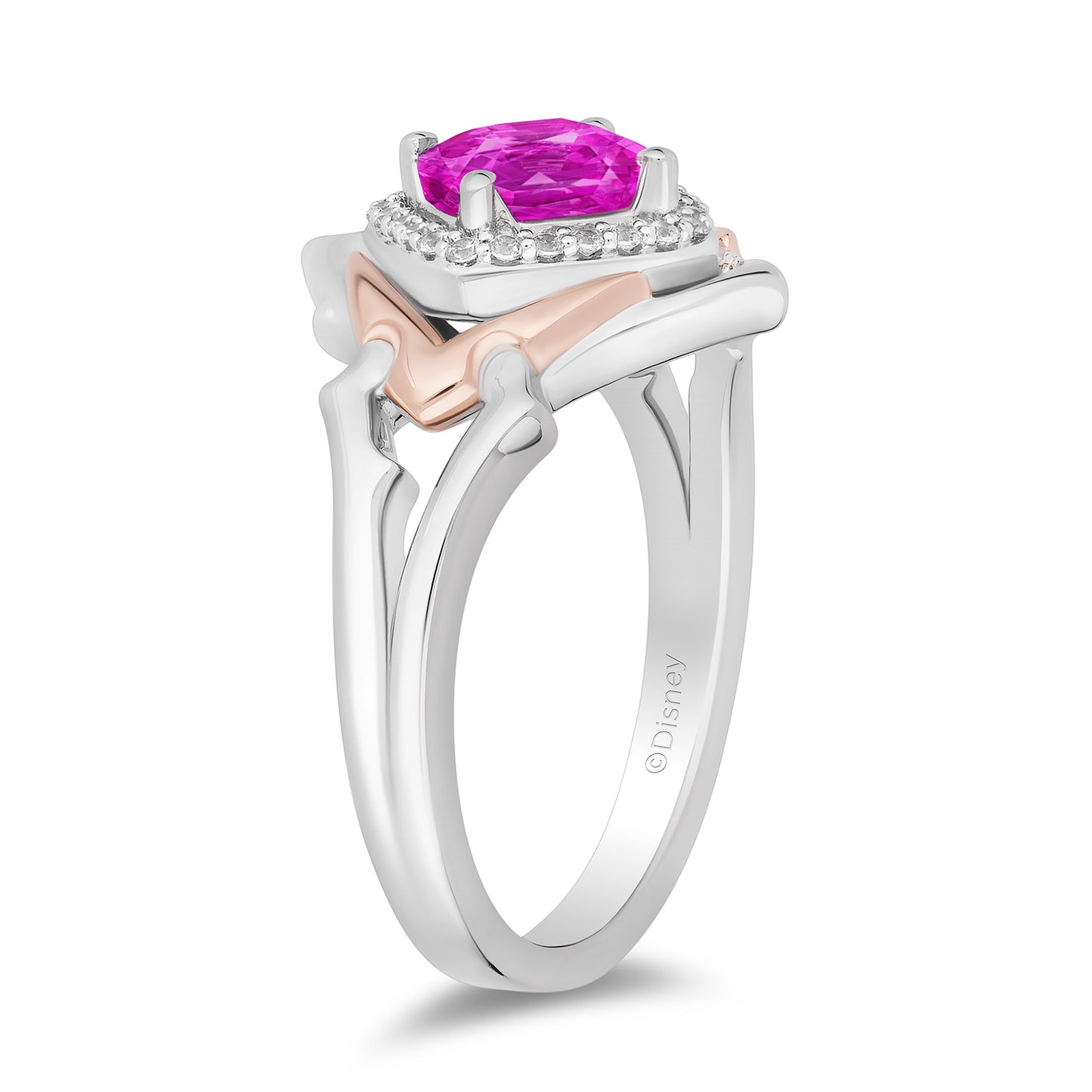 Enchanted Disney Fine Jewelry 14K Rose Gold Over Sterling Silver with 1/10 CTTW Diamonds and Created Pink Sapphire Aurora Ring