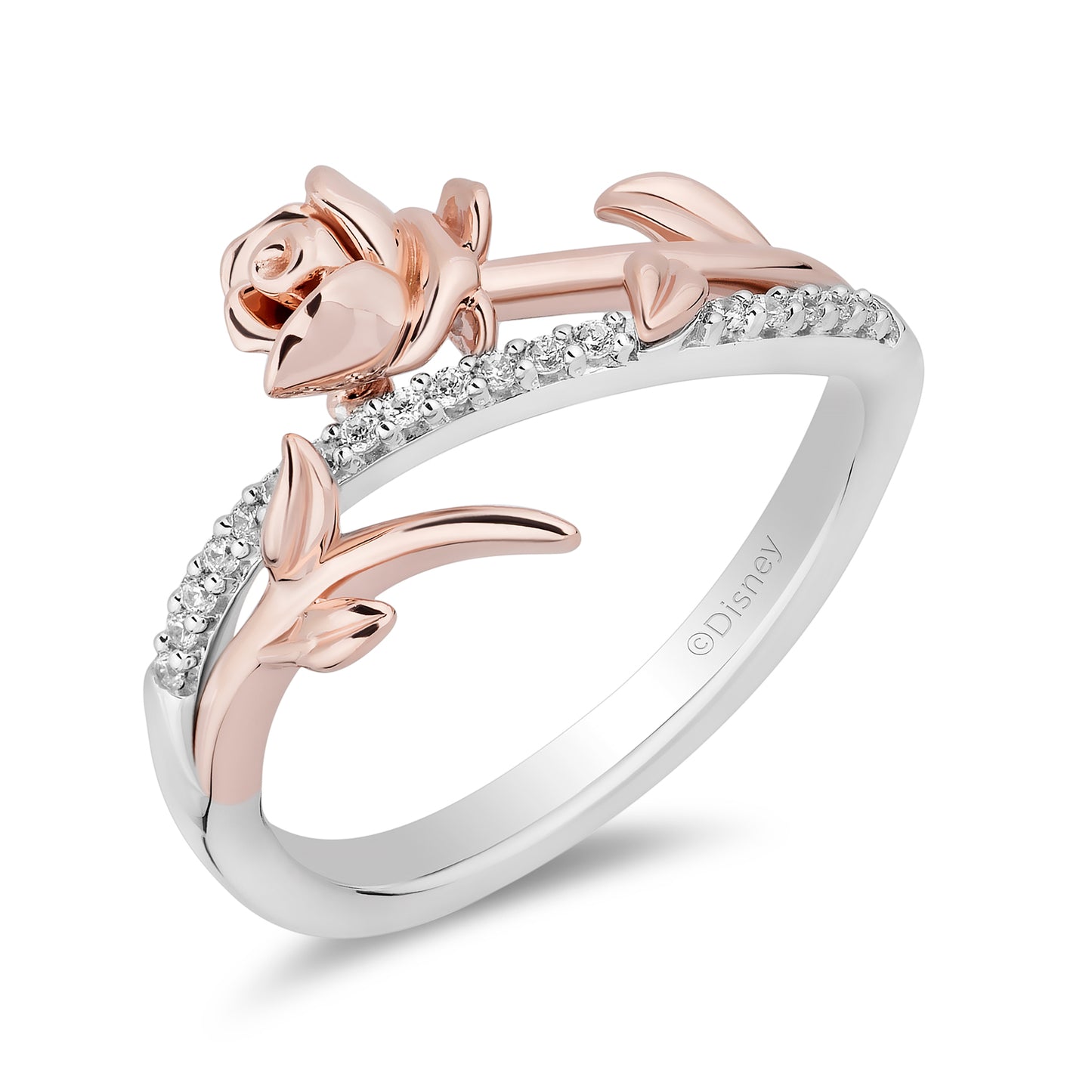 Enchanted Disney Fine Jewelry 14K Rose Gold Over Sterling Silver with 1/10 CTTW Diamonds Belle Rose Ring