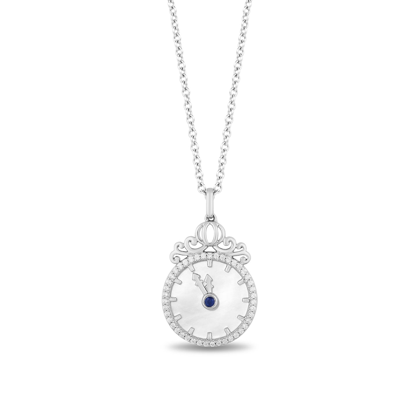 Enchanted Disney Fine Jewelry Sterling Silver with 1/6 CTTW Diamonds and Mother of Pearl and Blue Sapphire Cinderella Pendant Necklace