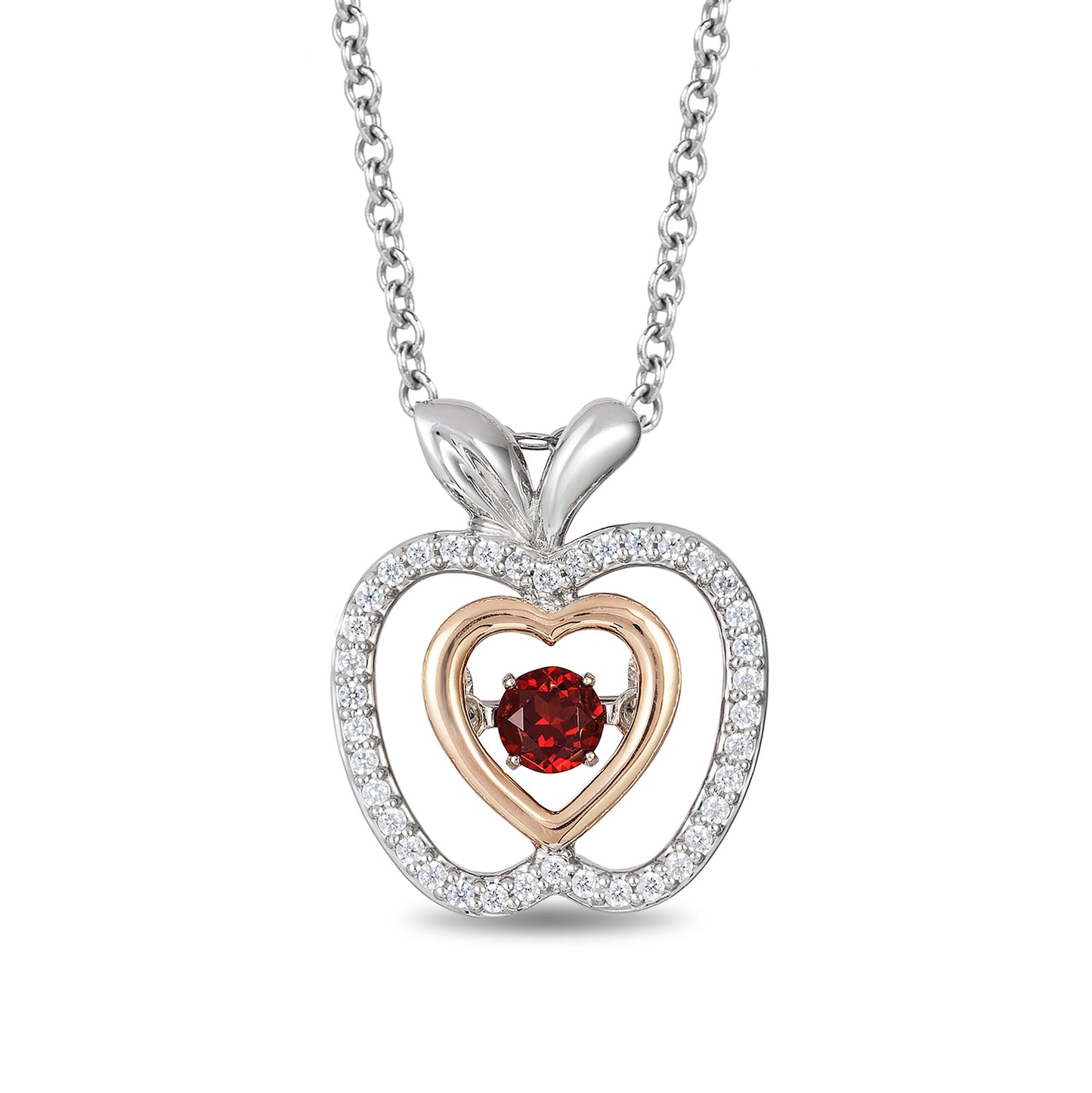 Enchanted Disney Fine Jewelry Sterling Silver and 10K Rose Gold with 1/6 CTTW Diamonds and Garnet Snow White Necklace
