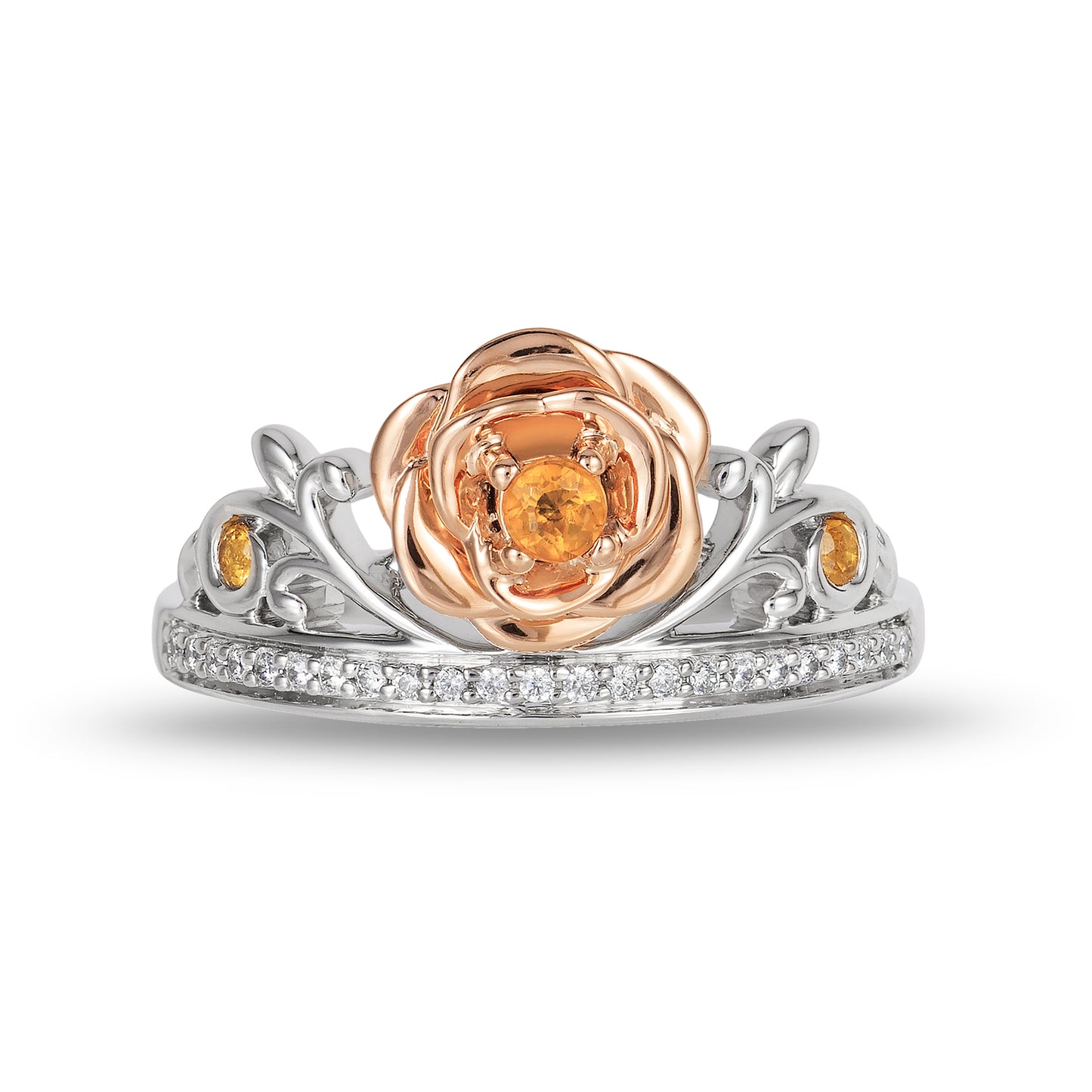 Enchanted Disney Fine Jewelry 14K Rose Gold Over Sterling Silver with 1/10 CTTW Diamond with Yellow Citrine Belle Rose Ring