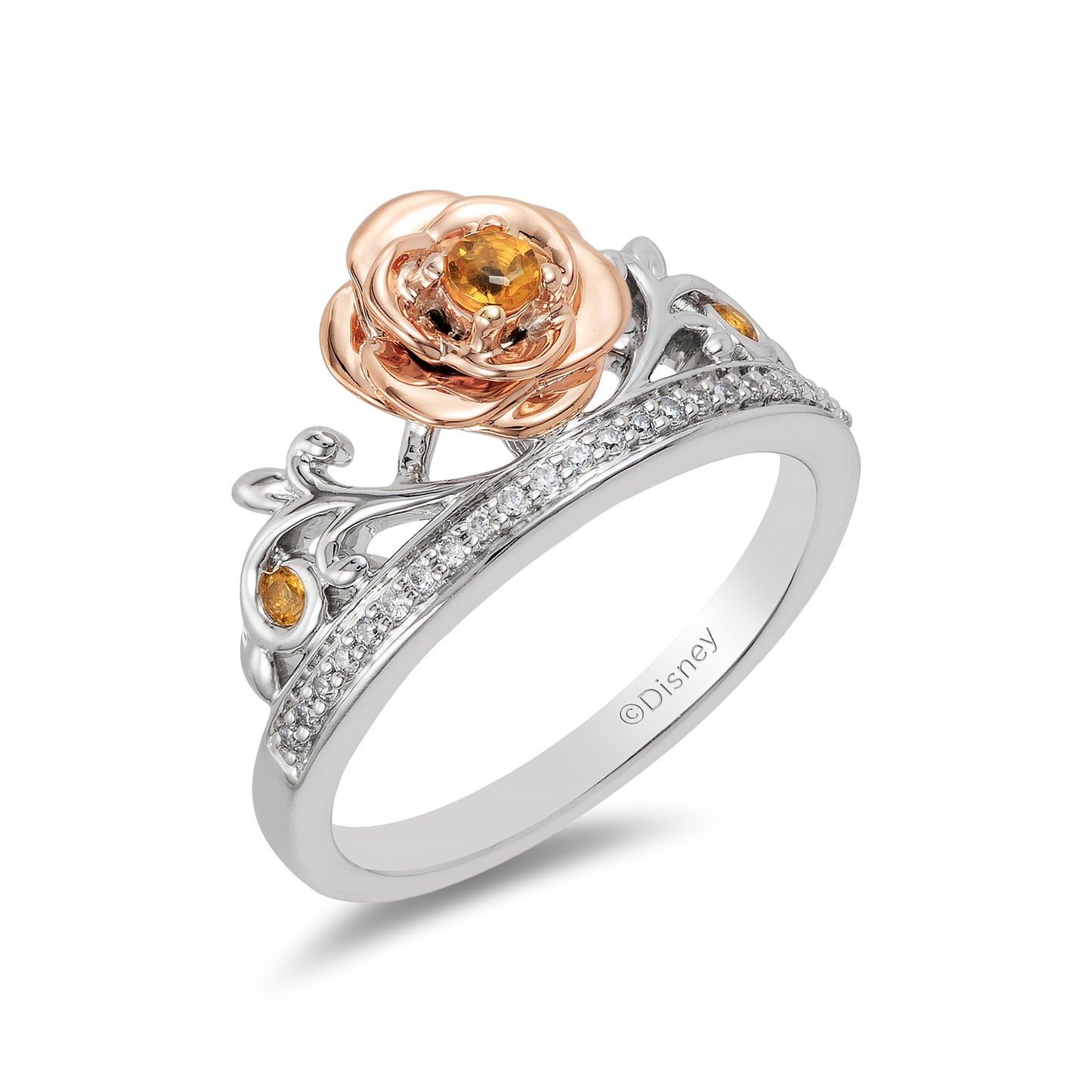 Enchanted Disney Fine Jewelry 14K Rose Gold Over Sterling Silver with 1/10 CTTW Diamond with Yellow Citrine Belle Rose Ring