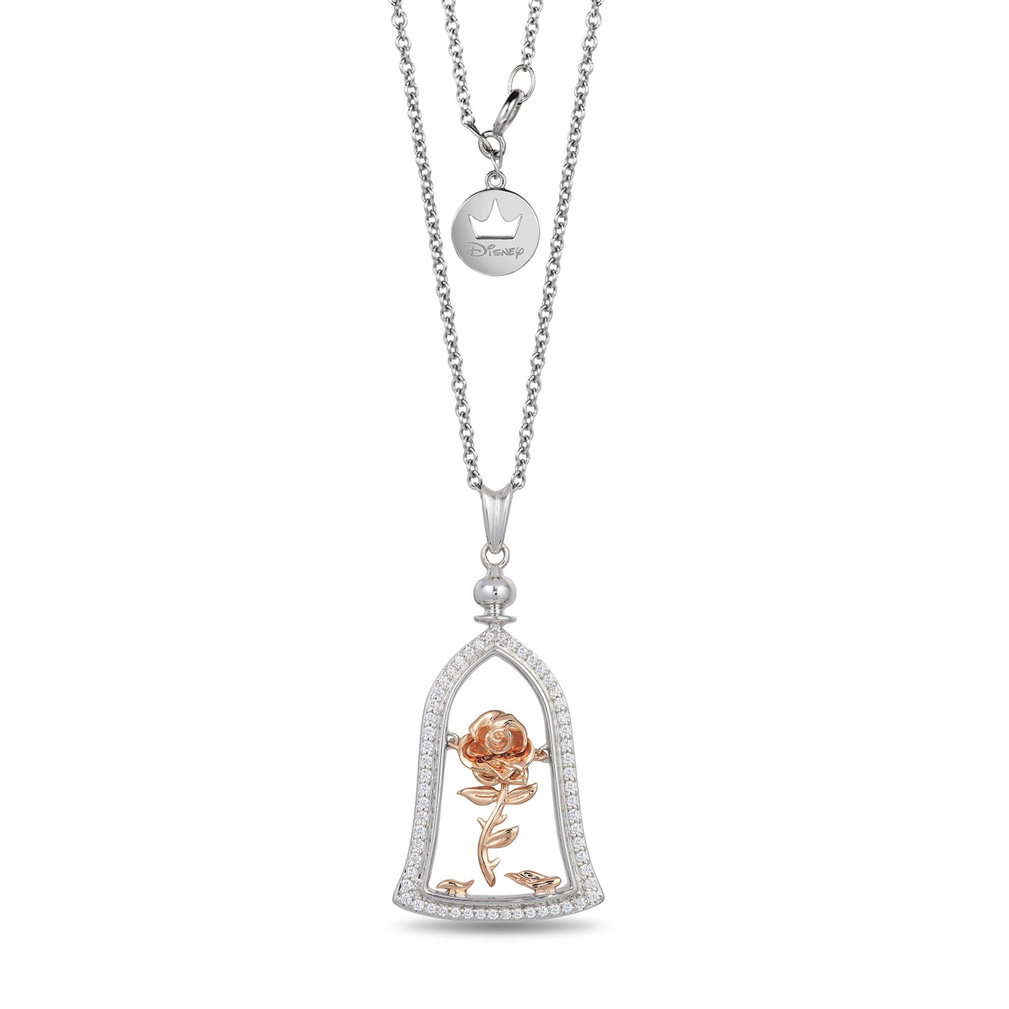 Enchanted Disney Fine Jewelry Sterling Silver and 10K Rose Gold with 1/5 CTTW Diamonds Belle Rose Jar Necklace